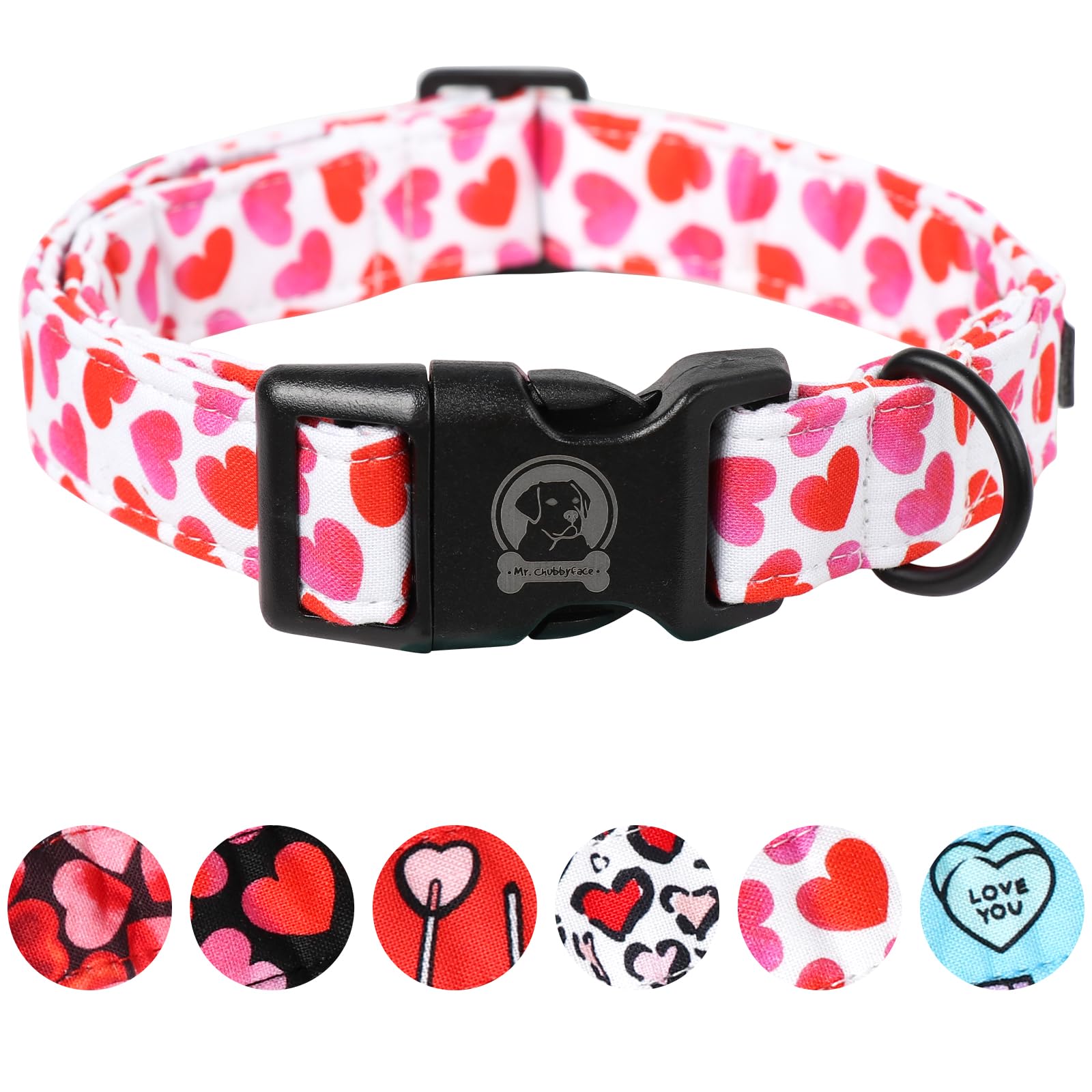 Mr. Chubbyface Valentines Dog Collar,Cute White Heart Cotton Dog Collar, Adjustable Valentine Girl Female Male Pet Collars With 