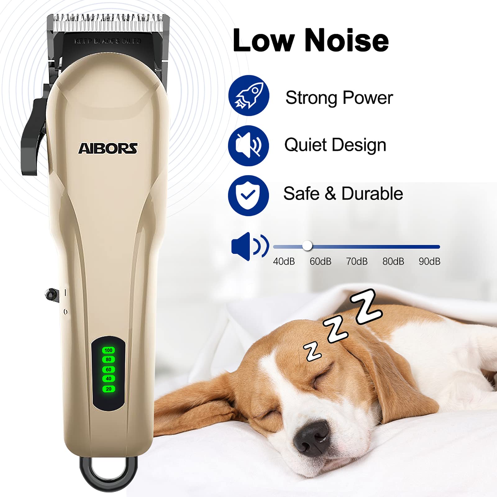 Aibors Dog Clippers For Grooming Low Noise Rechargeable Cordless Pet Hair Grooming Clippers, Professional Heavy Duty Dog Grooming Kit Dog Trimmer Shaver For Dogs Cats Pets (Silver)