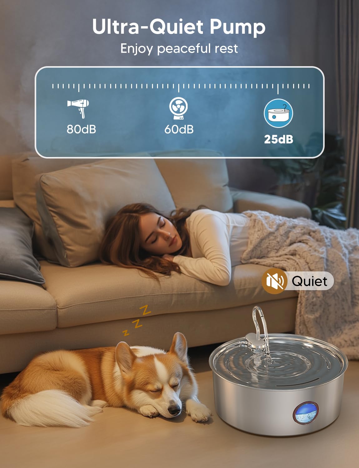 Subteenmate Dog Water Fountain For Large Dogs- 270Oz/8L Stainless Steel Dog Water Bowl Dispenser Automatic Pet Water Fountain Wi