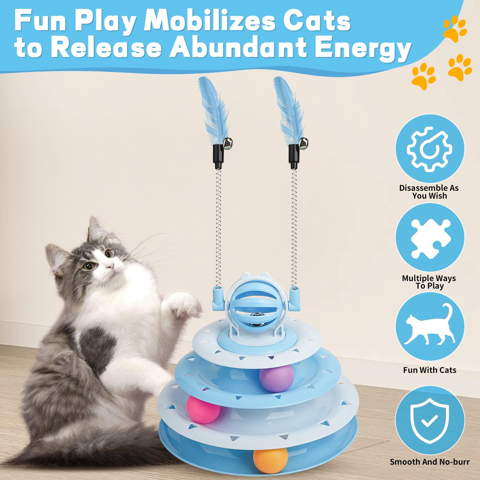 Goosheep Cat Toy Interactive Pet Plaything For Indoor Kitten Interactive Kitty Puzzle Ball With 2 Cat-Tease (Blue)