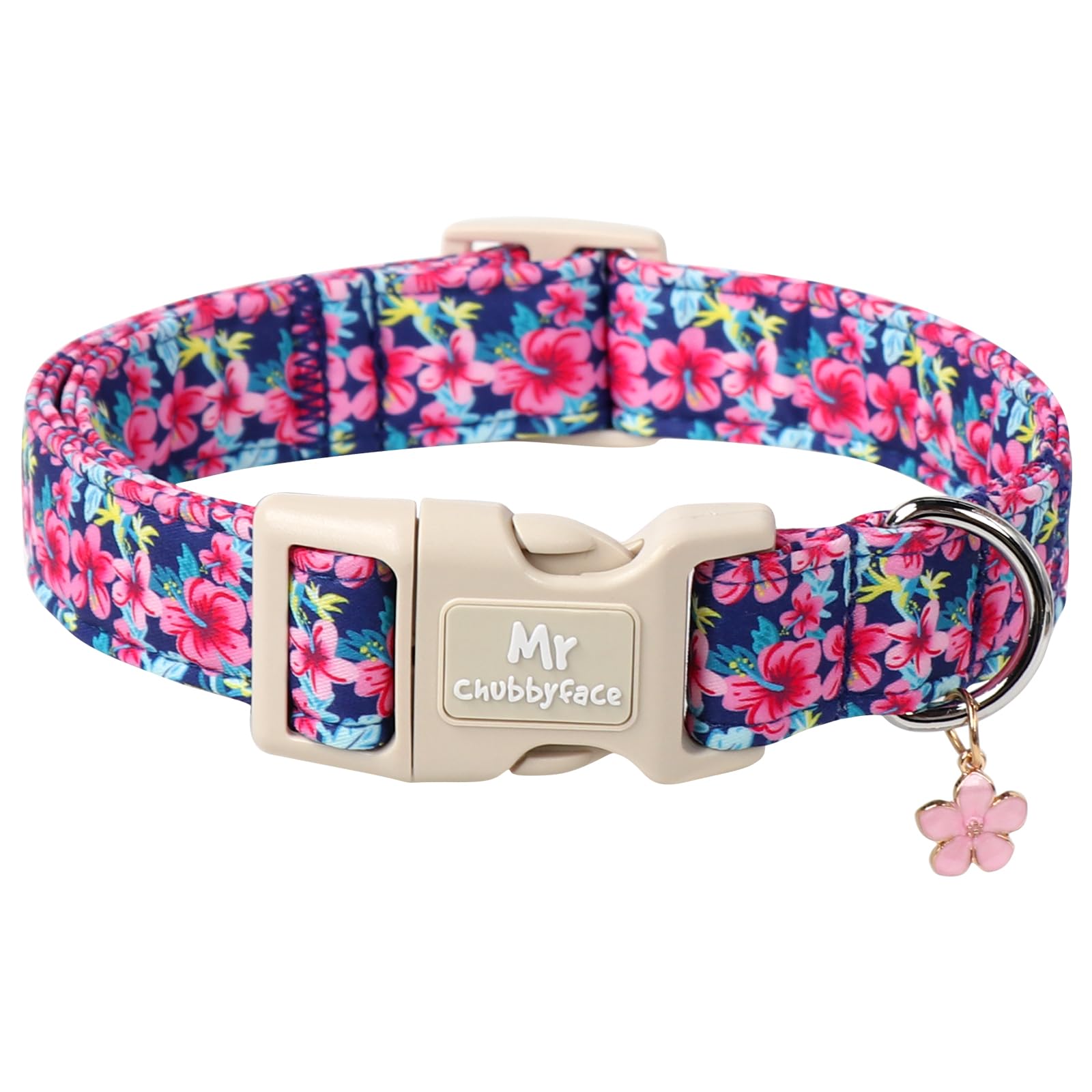 Mr.Chubbyface Spring Summer Dog Collar, Cute Pink Floral Dog Collars With Plastic Buckle, Light Adjustable Durable Pet Collar Fo