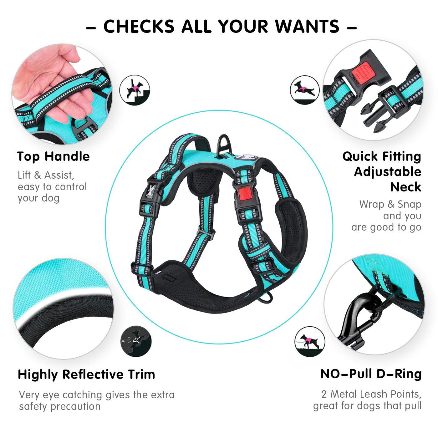 Poypet No Pull Dog Harness, [Release On Neck] Reflective Adjustable No Choke Pet Vest With Front & Back 2 Leash Attachments(Mint