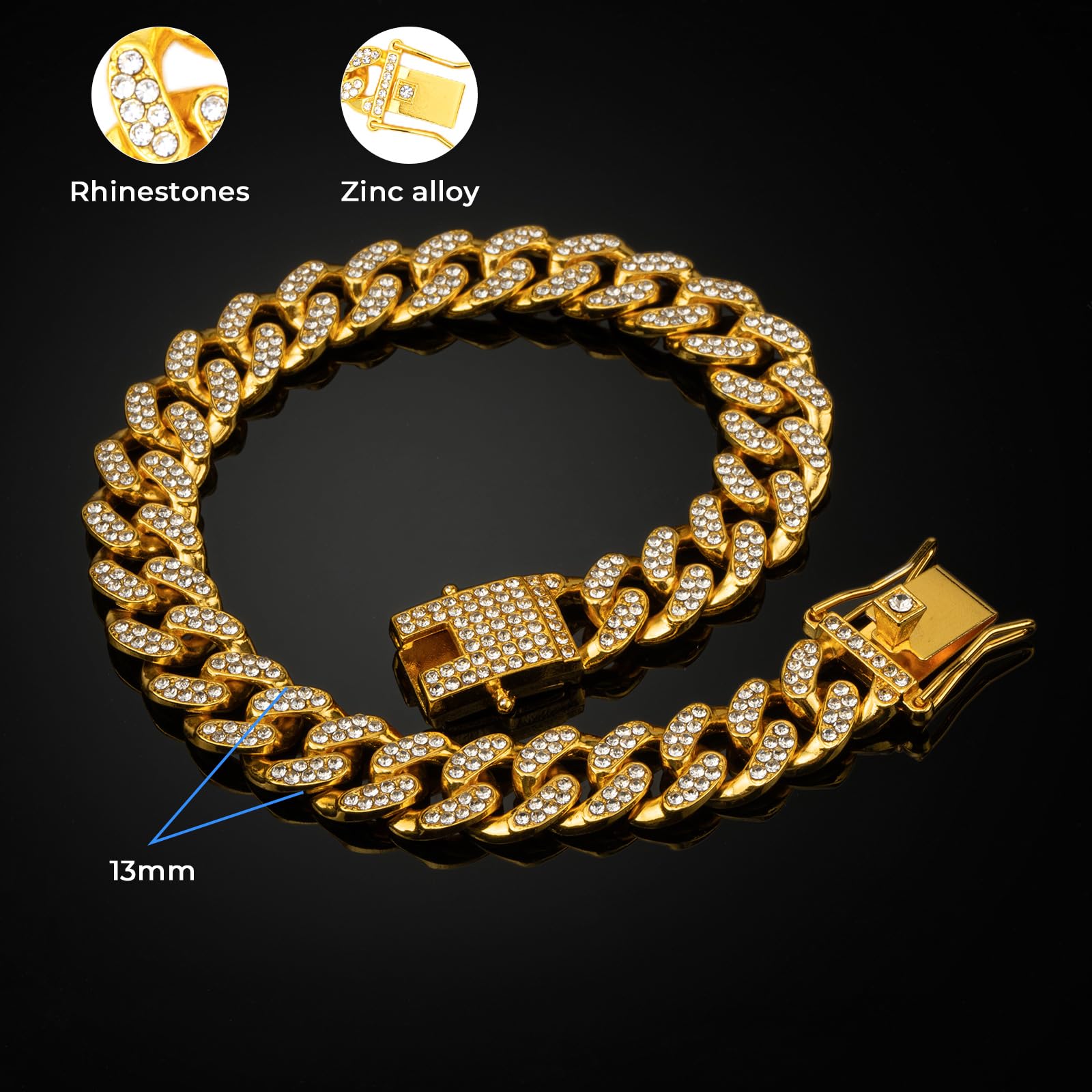 Thamiao Gold Dog Chain Diamond Gold Chain Dog Collar Walking Metal Chain Collar With Design Secure Buckle Pet Collar Jewelry Acc
