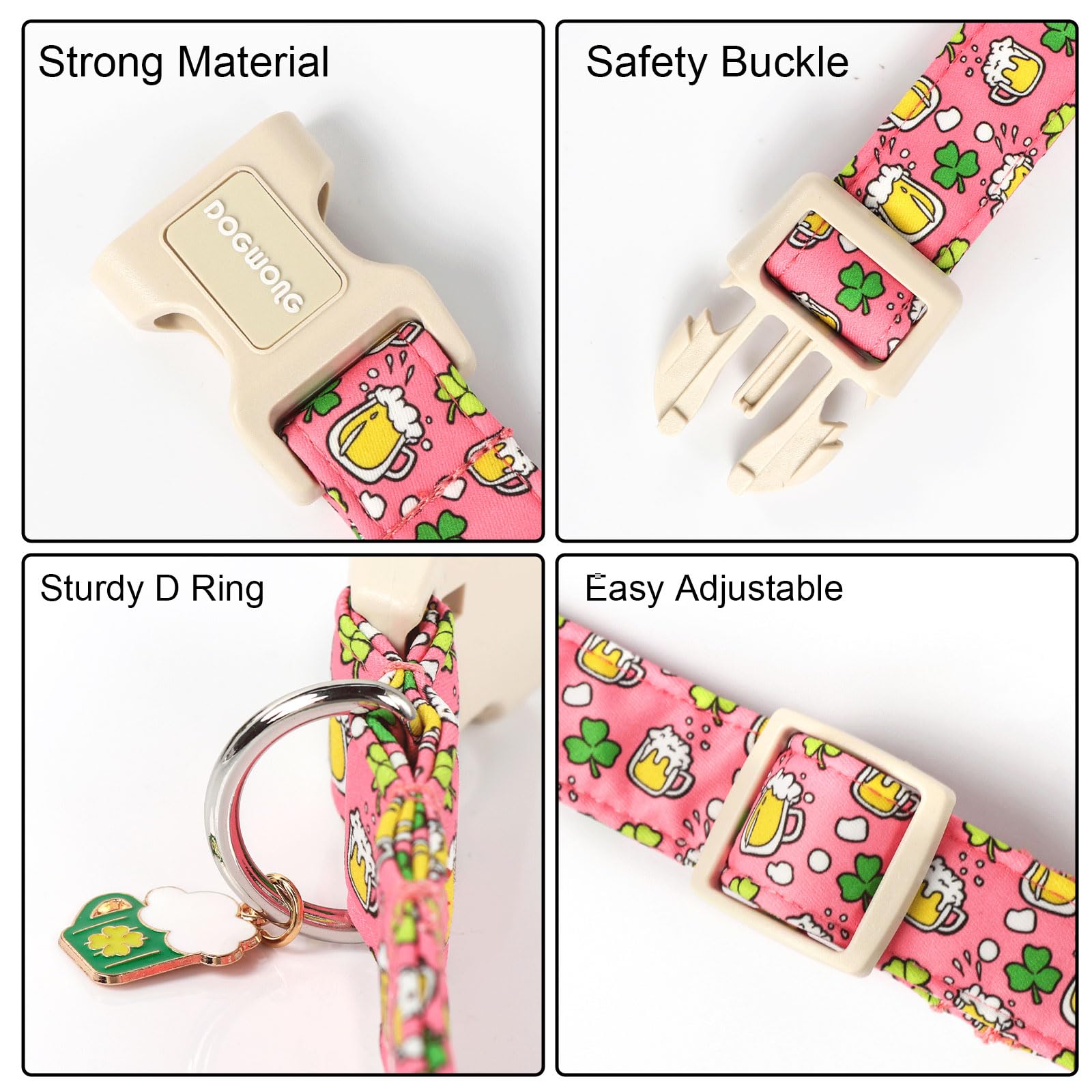 Dogwong St. Patrick'S Day Dog Collar, Pink Green Clover Dog Collars, Adjustable St. Patrick'S Day Pet Collars Beer Dog Collar Wi