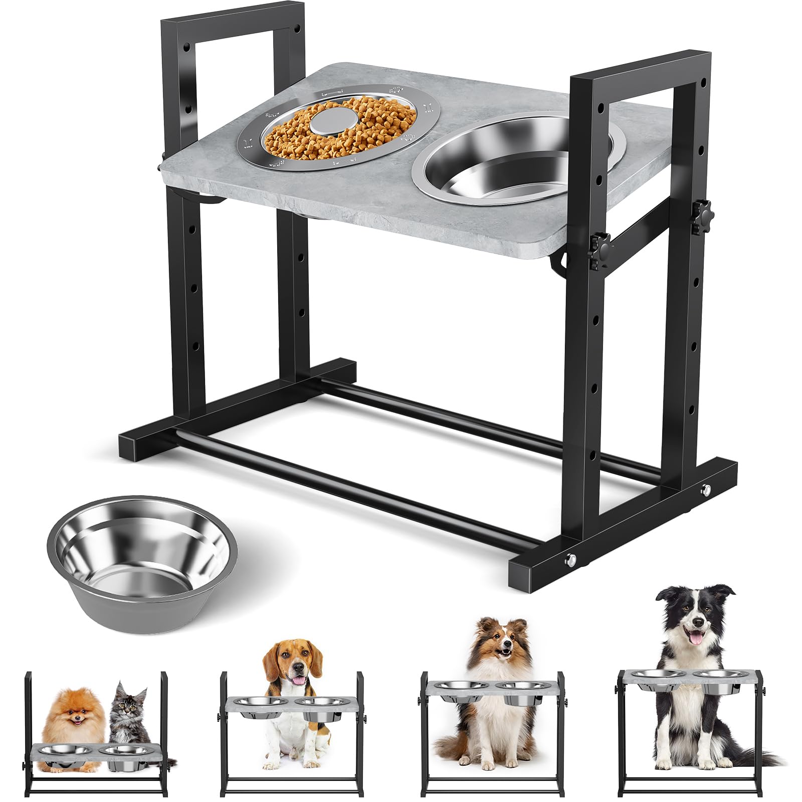 Elevated Dog Bowls For Small Dogs, 6 Heights Adjustable Raised Dog Bowl With Slow Feeder - 3 Stainless Steel Bowl, Tiltable Non-