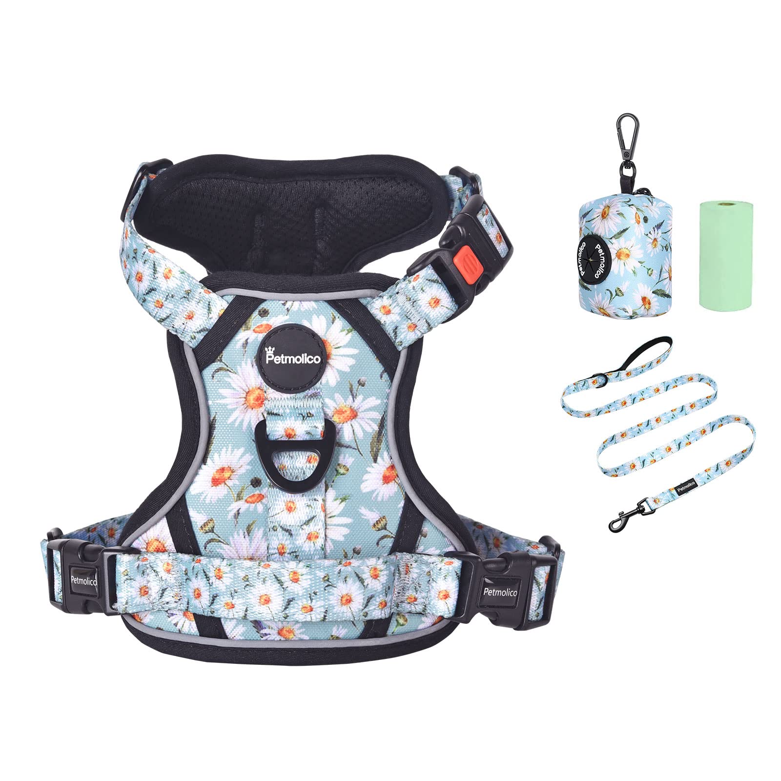 Petmolico No Pull Dog Harness Set, 2 Leash Attchment Easy Control Handle Reflective Vest Dog Harness Medium Breed, Medium Dogs Harness And Leash Set With Poop Bag Holder, Medium Daisy