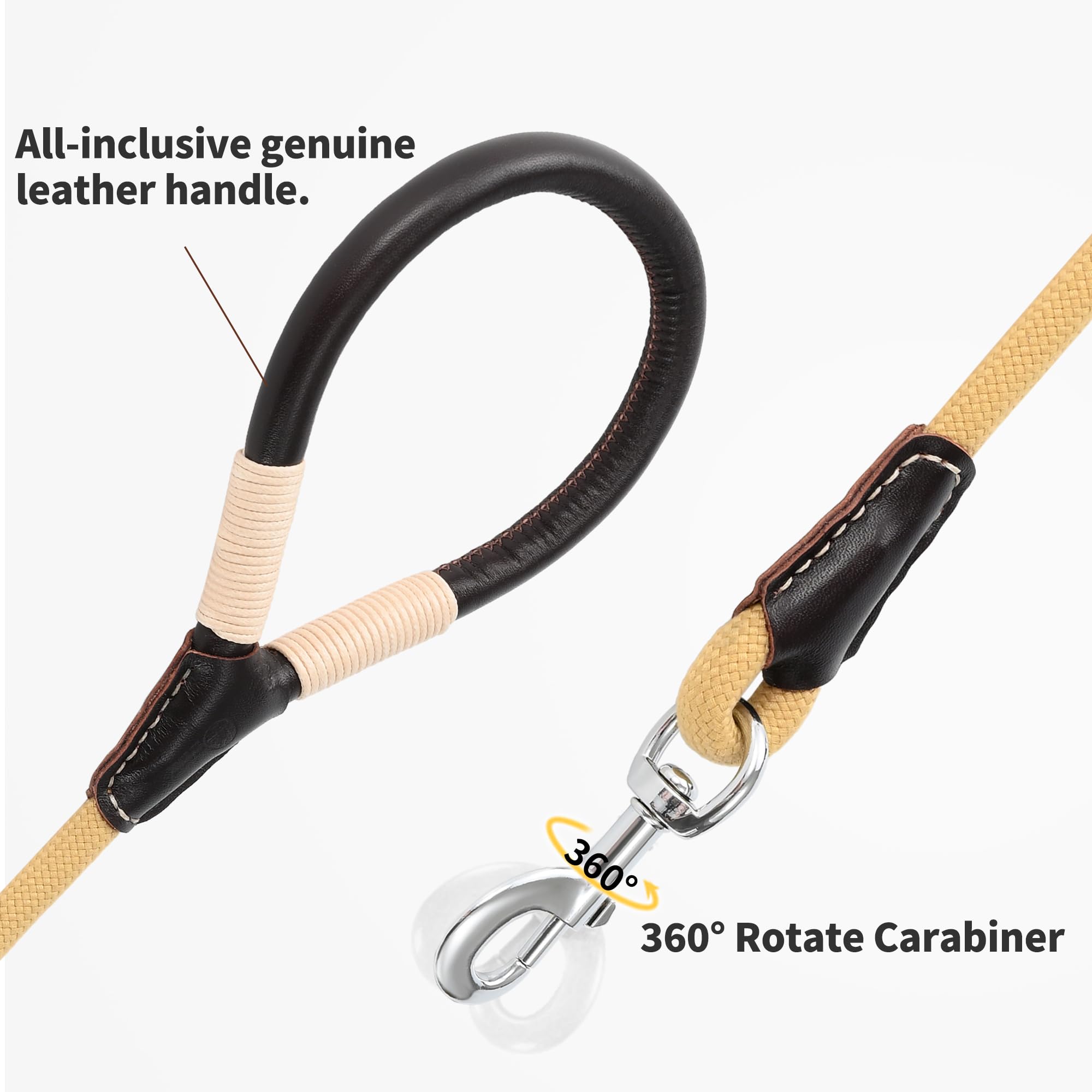 Mile High Life Genuine Leather Wrapped Handle Dog Leash, W Heavy Duty Clasp Rope Leash For Small Medium Large Dogs (Yellow, 4Ft)