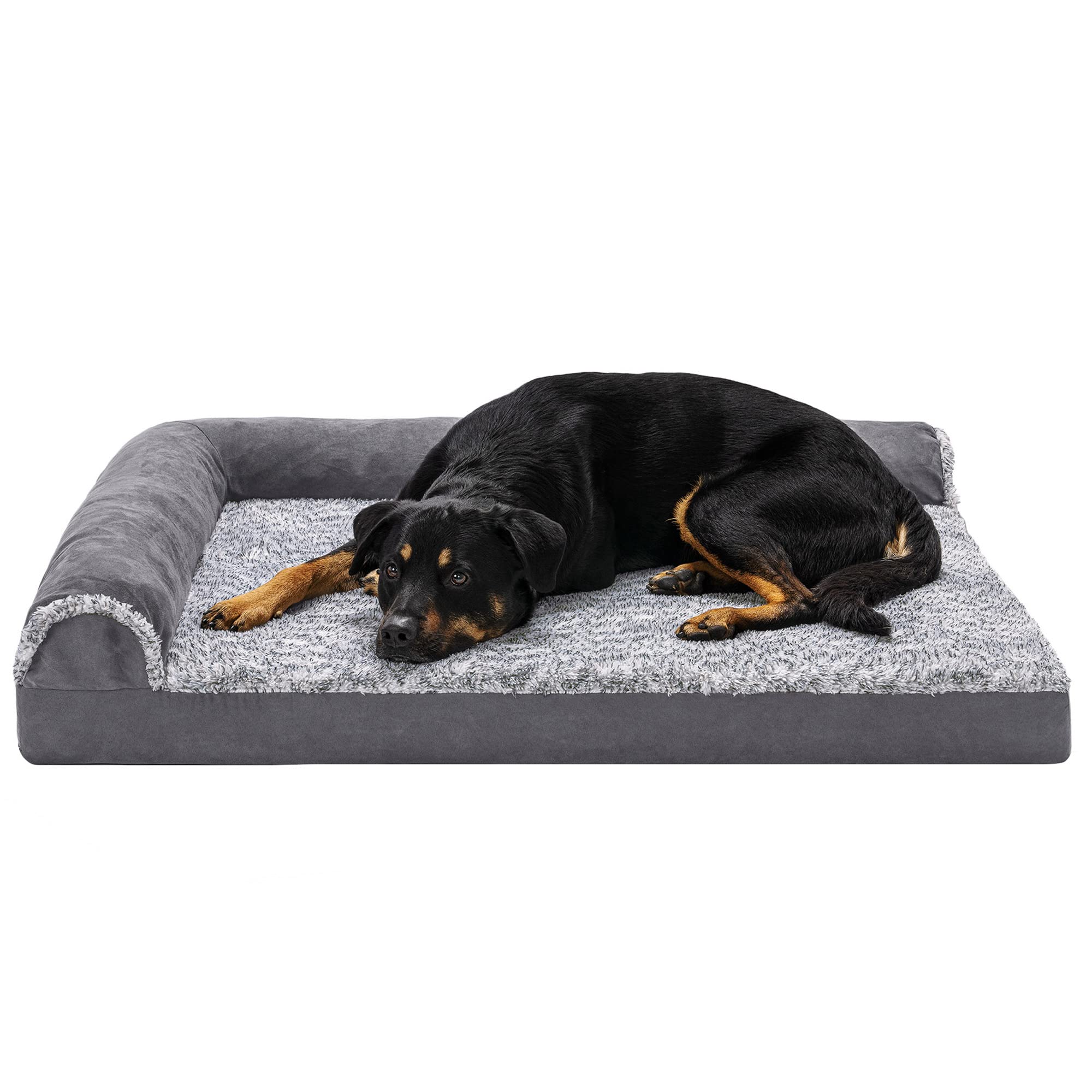 Furhaven Orthopedic Dog Bed For Large Dogs W/ Removable Bolsters & Washable Cover, For Dogs Up To 95 Lbs - Two-Tone Plush Faux Fur & Suede L Shaped Chaise - Stone Gray, Jumbo/Xl