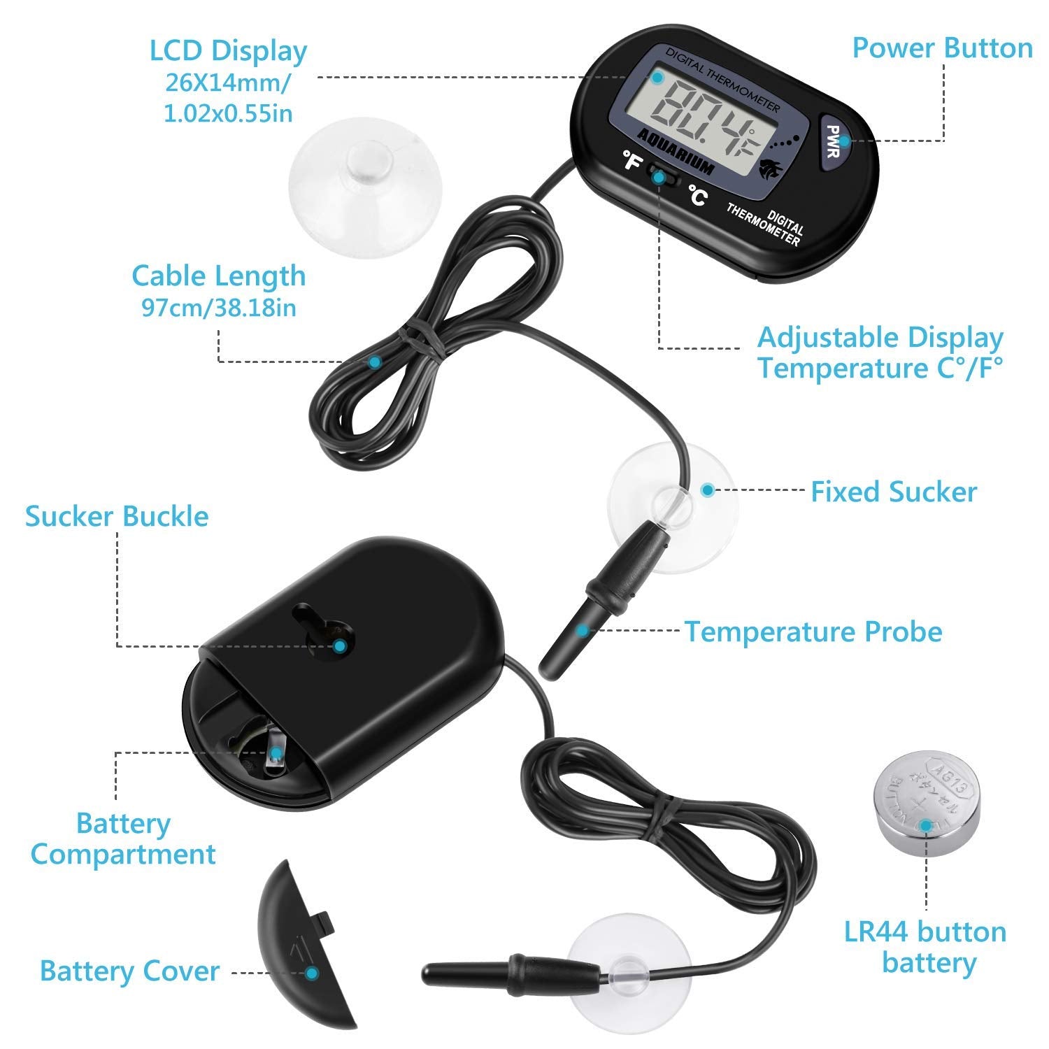 Neptonion Aquarium Thermometer Lcd Digital Aquarium Thermometer With Suction Cup Fish Tank Water Terrarium Temperature For Fish