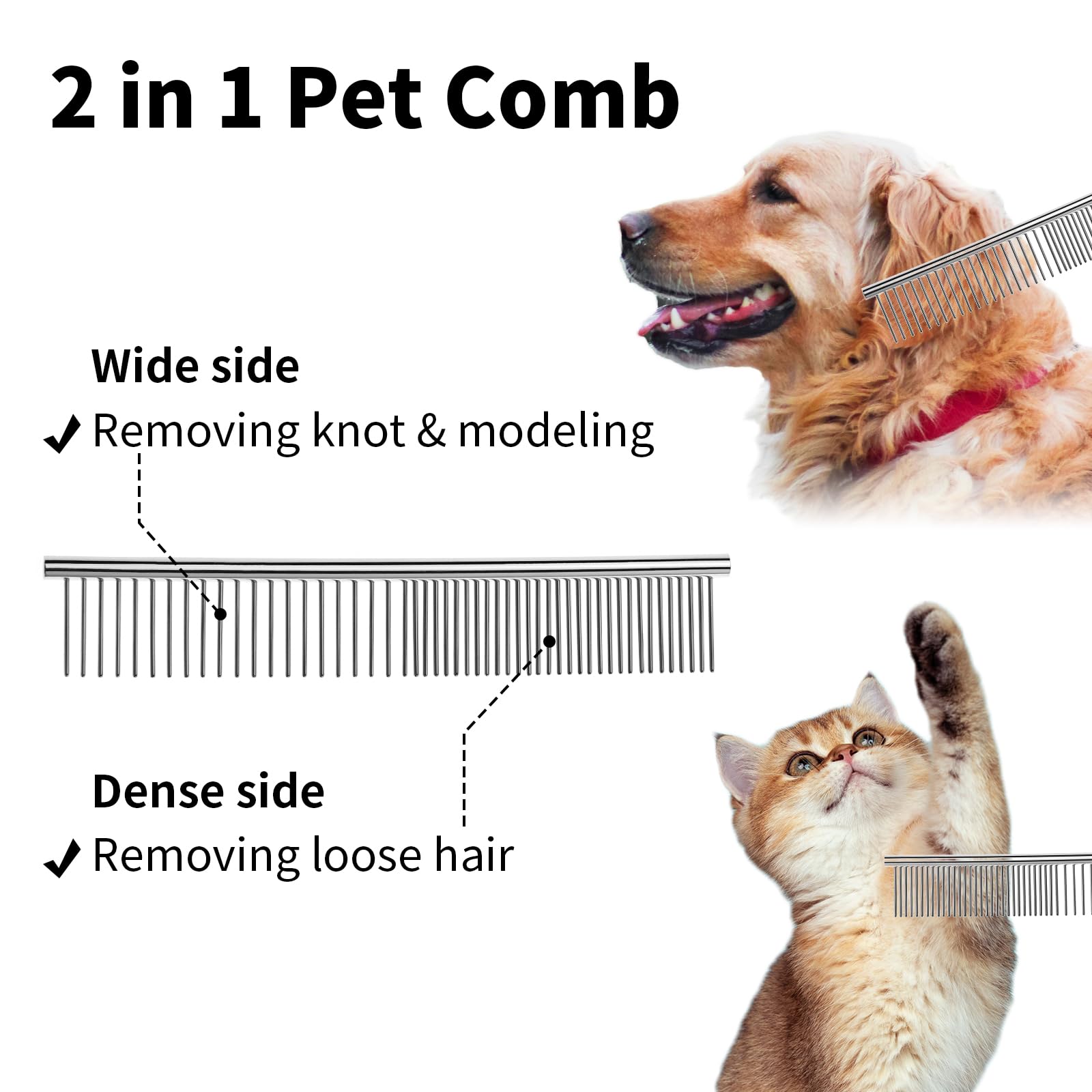 Flezoo 2Pcs Dog And Cat Brush, Stainless Steel Pets Grooming Comb Kit, Detangler Deshedding Brush, Metal Knots Hair Remover 6.4'