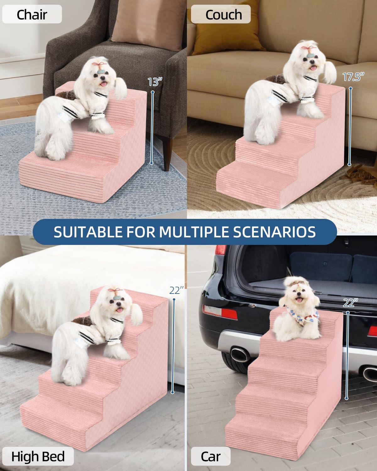 Vfrog Dog Stairs For Small Dogs,22'' H,5-Step Dog Steps For Bed And Couch With High Density Foam,Non-Slip Pet Steps For Doggy An