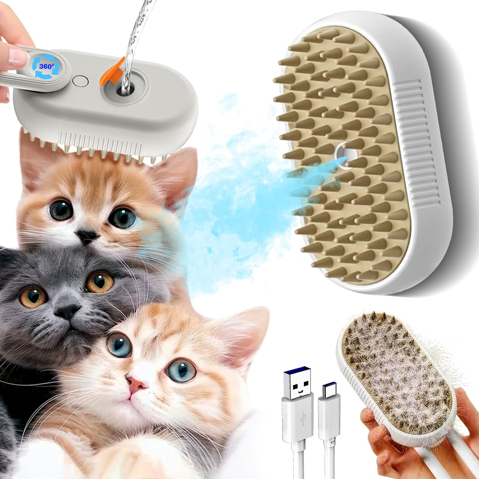 Cat Steam Brush Cats Brushs, Cat Steams Brushfor Shedding, 4-In-1 Self-Cleaning Petsteam Brushwith 360 Rotating Arm For Long And