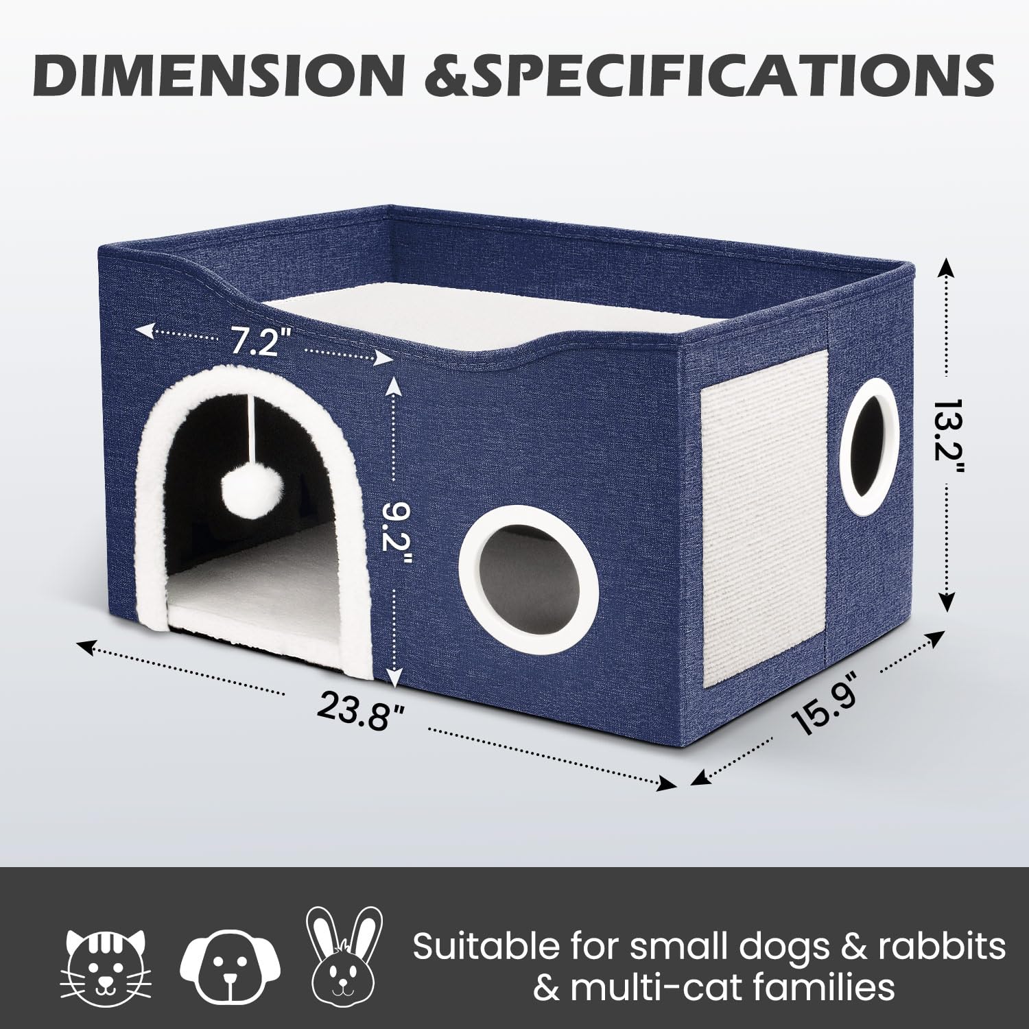 Heeyoo Large Cat House - Indoor Cat Bed Cave, Dark Blue, MDF, 23.8x15.9x13.2 Inch, Foldable with Scratch Pad & Fluffy Ball