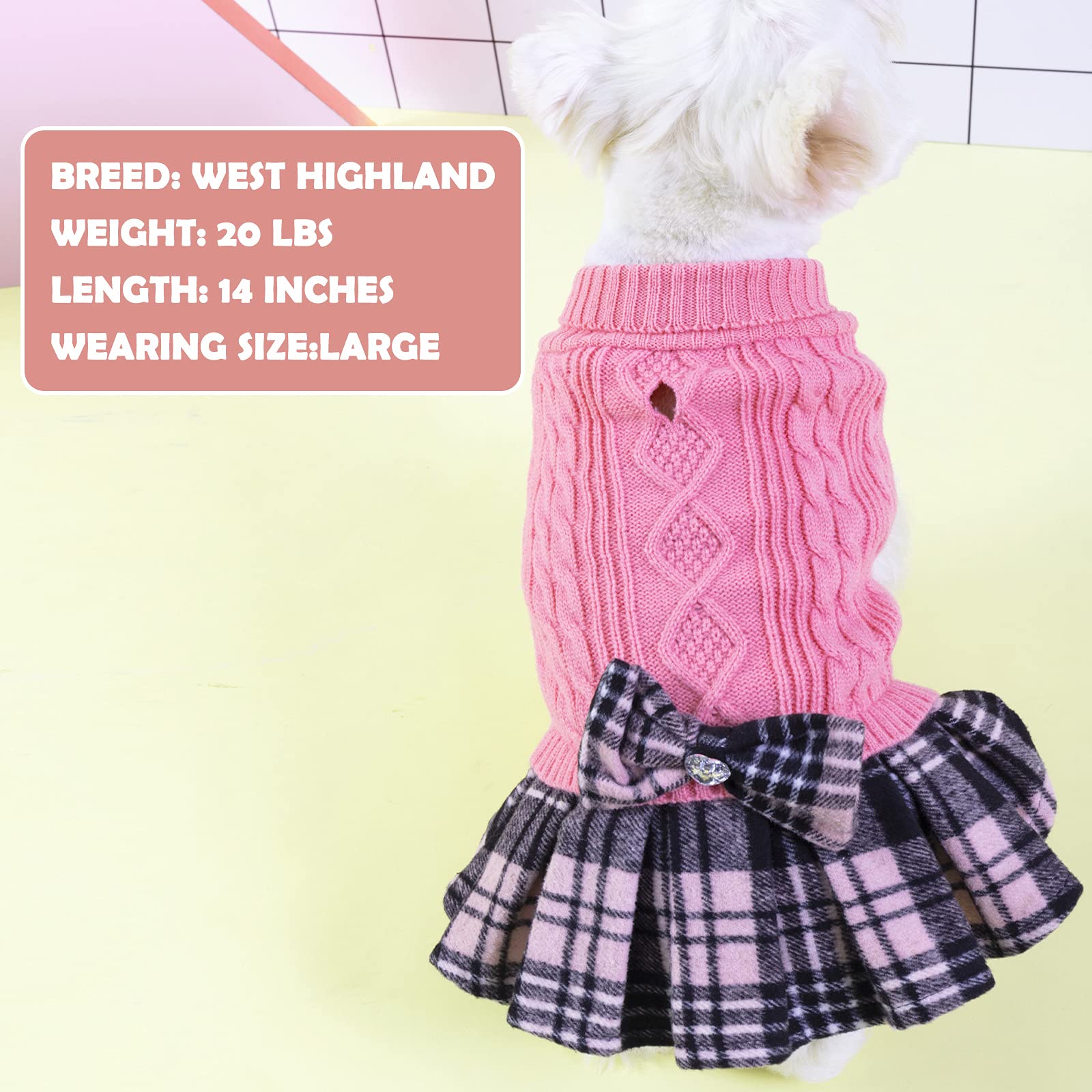Kyeese Dog Sweater Dress With Leash Hole For Small Medium Dogs With Bowtie Checkered Turtleneck Dog Sweaters Warm Pet Sweater Pink