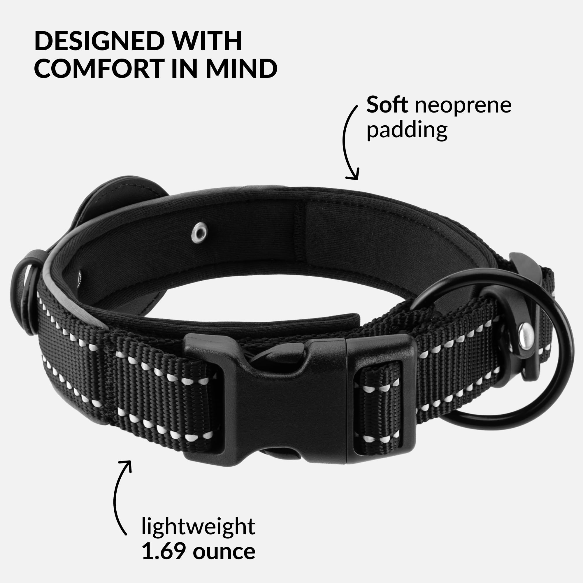 Collardirect Airtag Dog Collar Reflective Nylon Neoprene Leather Holder For Apple Air Tag For Large, Medium, And Small Dogs (Bla