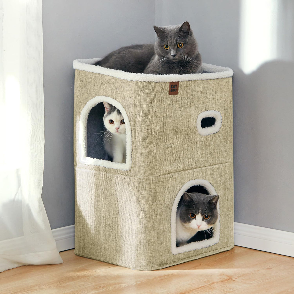 Catboat Cat Bed For Indoor Cats Cube House, Covered Cave Beds & Furniture With Scratch Pad And Hideaway Tent, Cute Modern Condo 