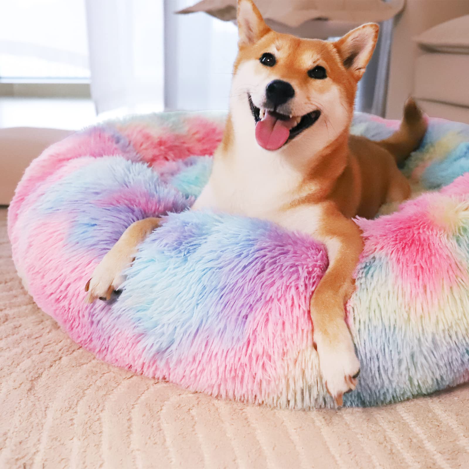 Patas Lague Calming Dog Bed For Small Dogs, Fluffy Soft Cozy Cat Bed, Faux Fur Anti-Anxiety Plush Donut Cuddler, Washable Pet Bed For All Seasons (20 In, Mixed Rainbow)