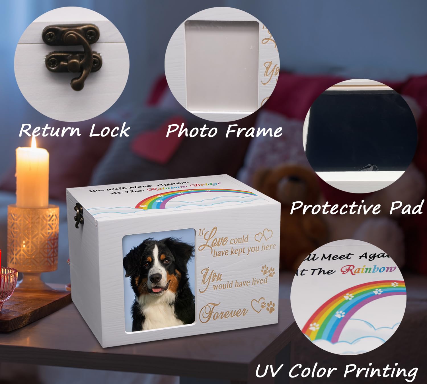 Sofunii Pet Urns For Dogs Or Cats Ashes,Extra Large Wooden Funeral Cremation Memorial Box With Photo Frame,Rainbow Bridge Keepsa