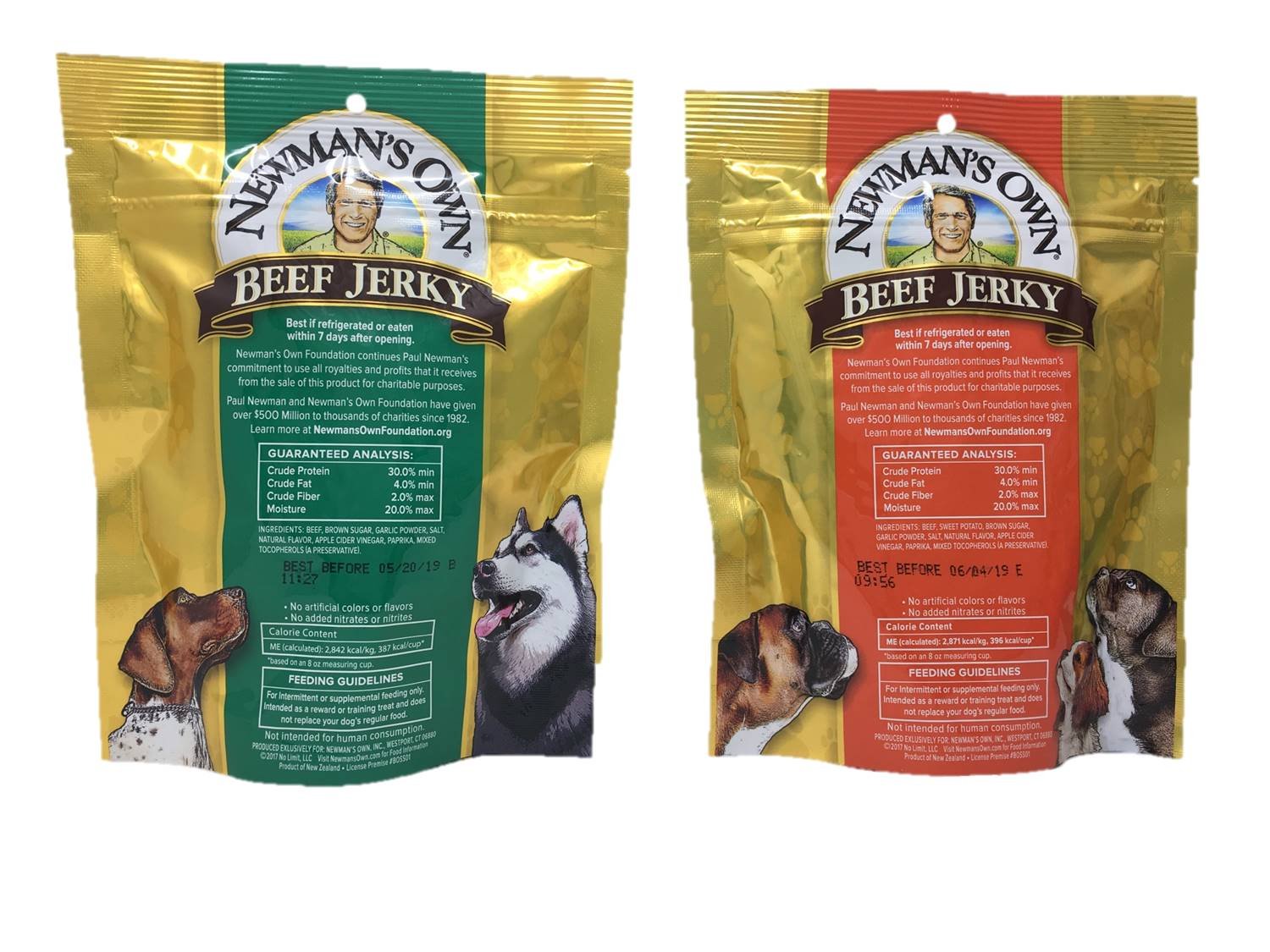 Newmans Own Beef Jerky Treats for Dogs, Bundle of 2 Flavors, Original Recipe and Beef & Sweet Potato Recipe, 5oz each