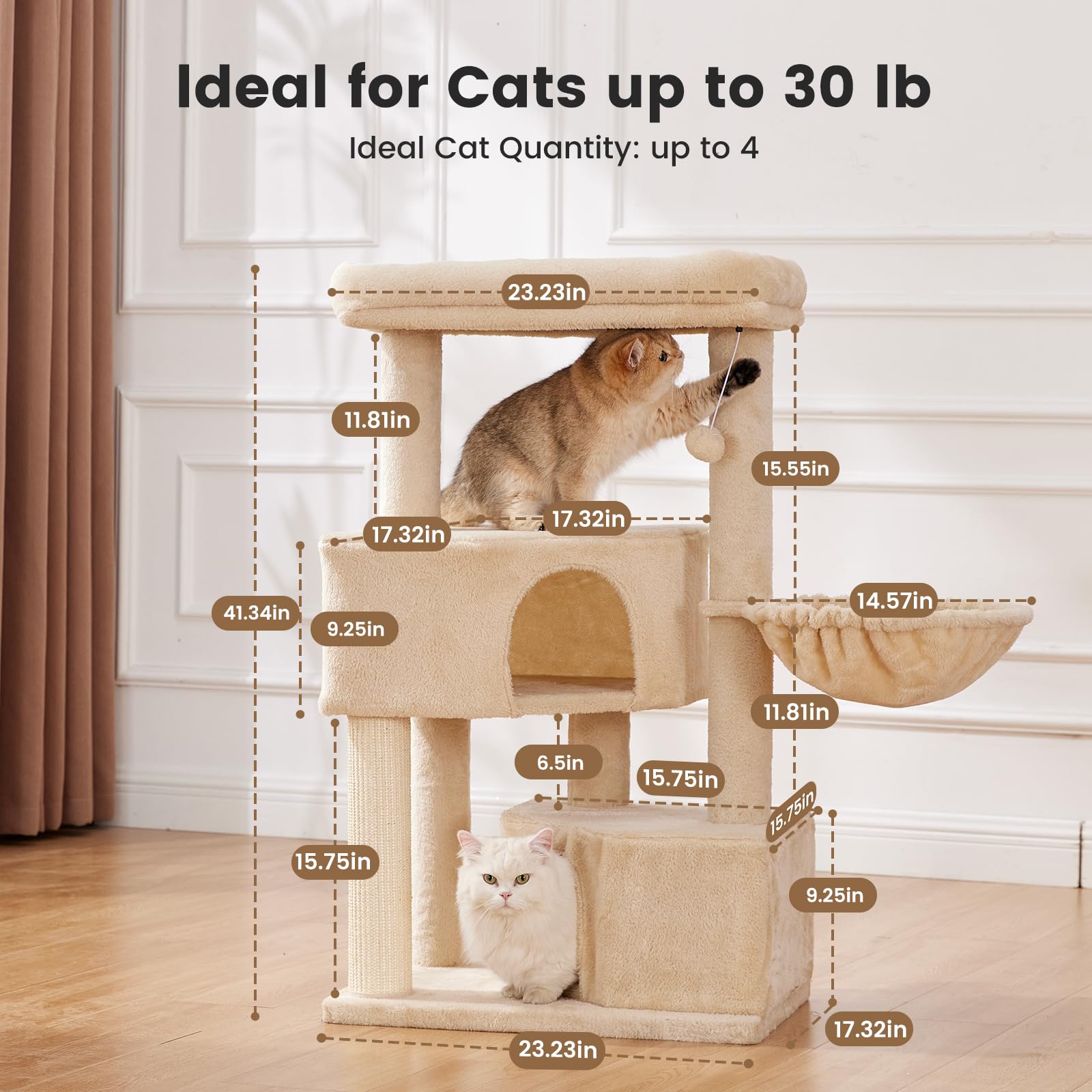 Gardner Pet 41'' Tall Cat Tree For Large Cats, Heavy Duty Cat Tower With 3.2In Posts & Washable Top Perches, Space-Saving Cat Fu