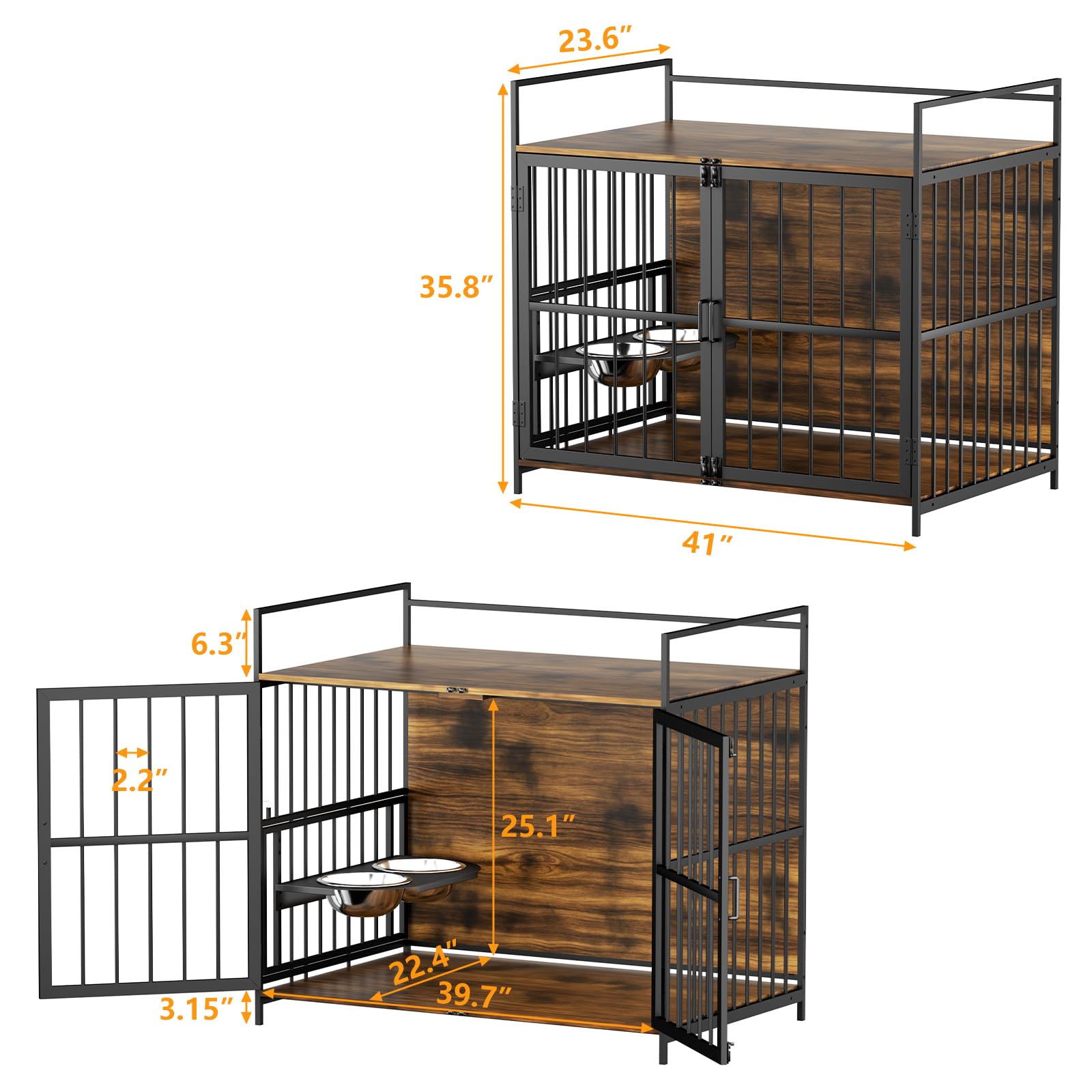 ROOMTEC Furniture Style Large Dog Crate with 360 & Adjustable Raised Feeder for Dogs 2 Stainless Steel Bowls -End Table House Pa