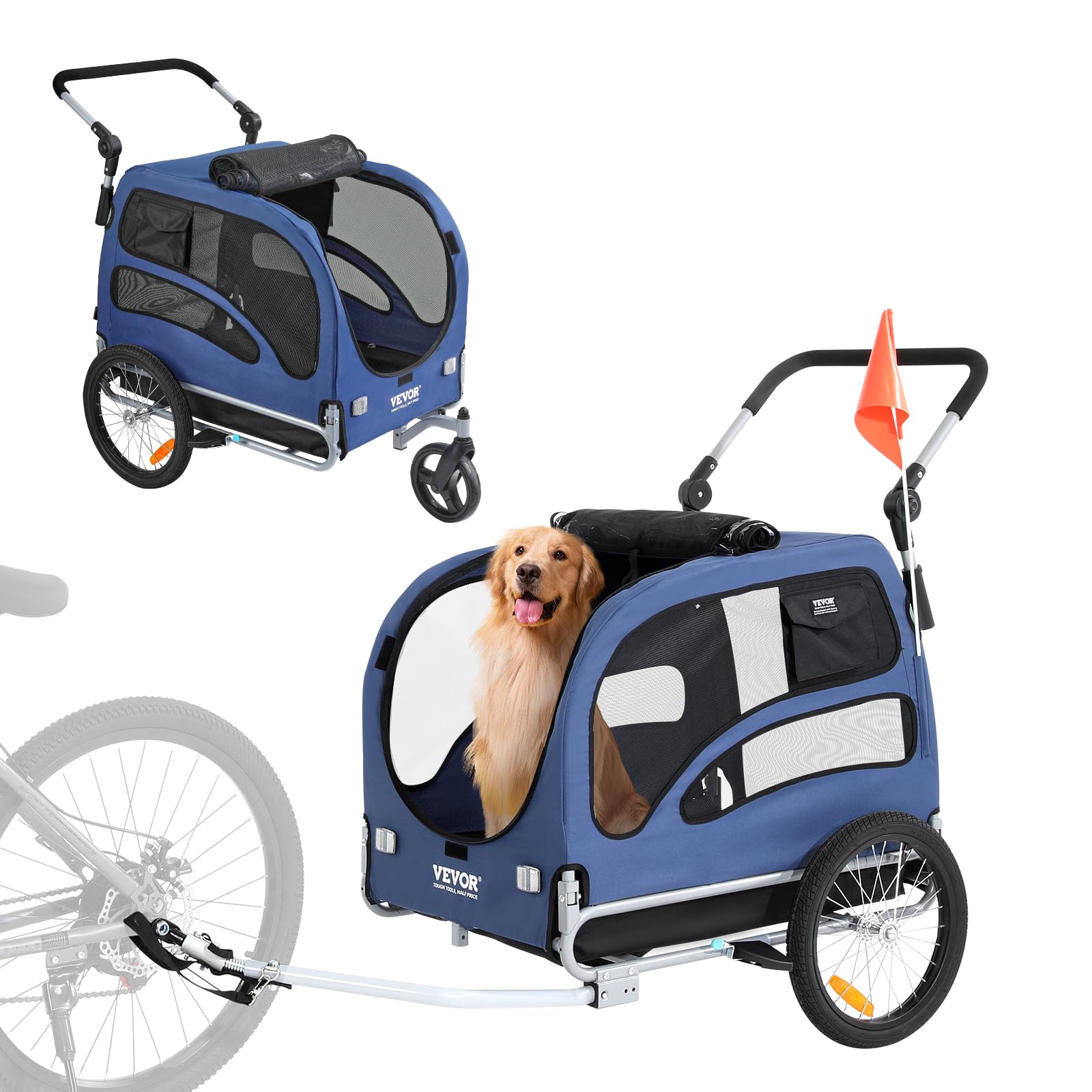 VEVOR Dog Bike Trailer, Supports up to 100 lbs, 2-in-1 Pet Stroller Cart Bicycle Carrier, Easy Folding Cart Frame with Quick Rel