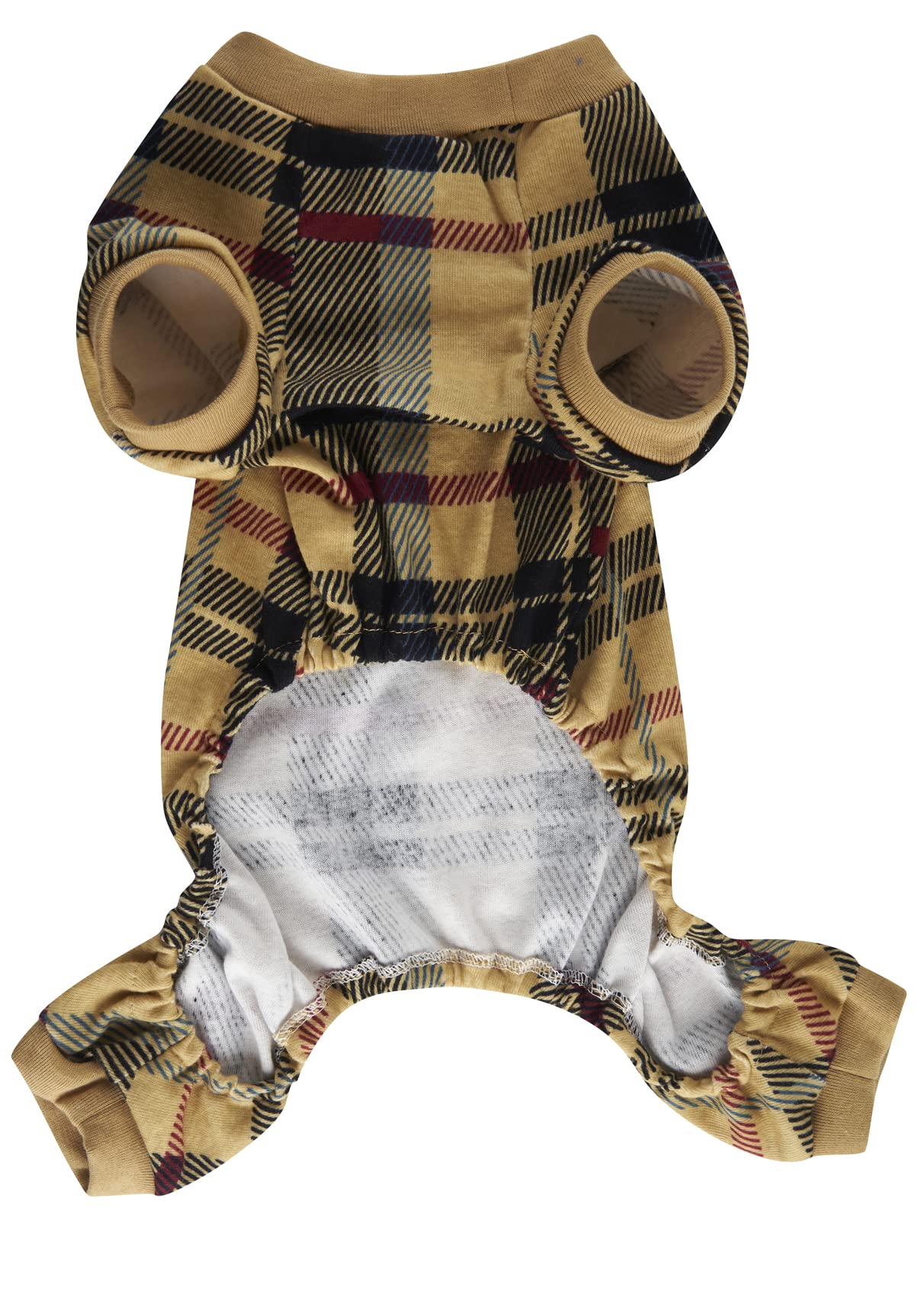 Beige Buffalo Plaid Christmas Clothes For Dogs Pajamas Onesie Pjs, Back Length 20' Large