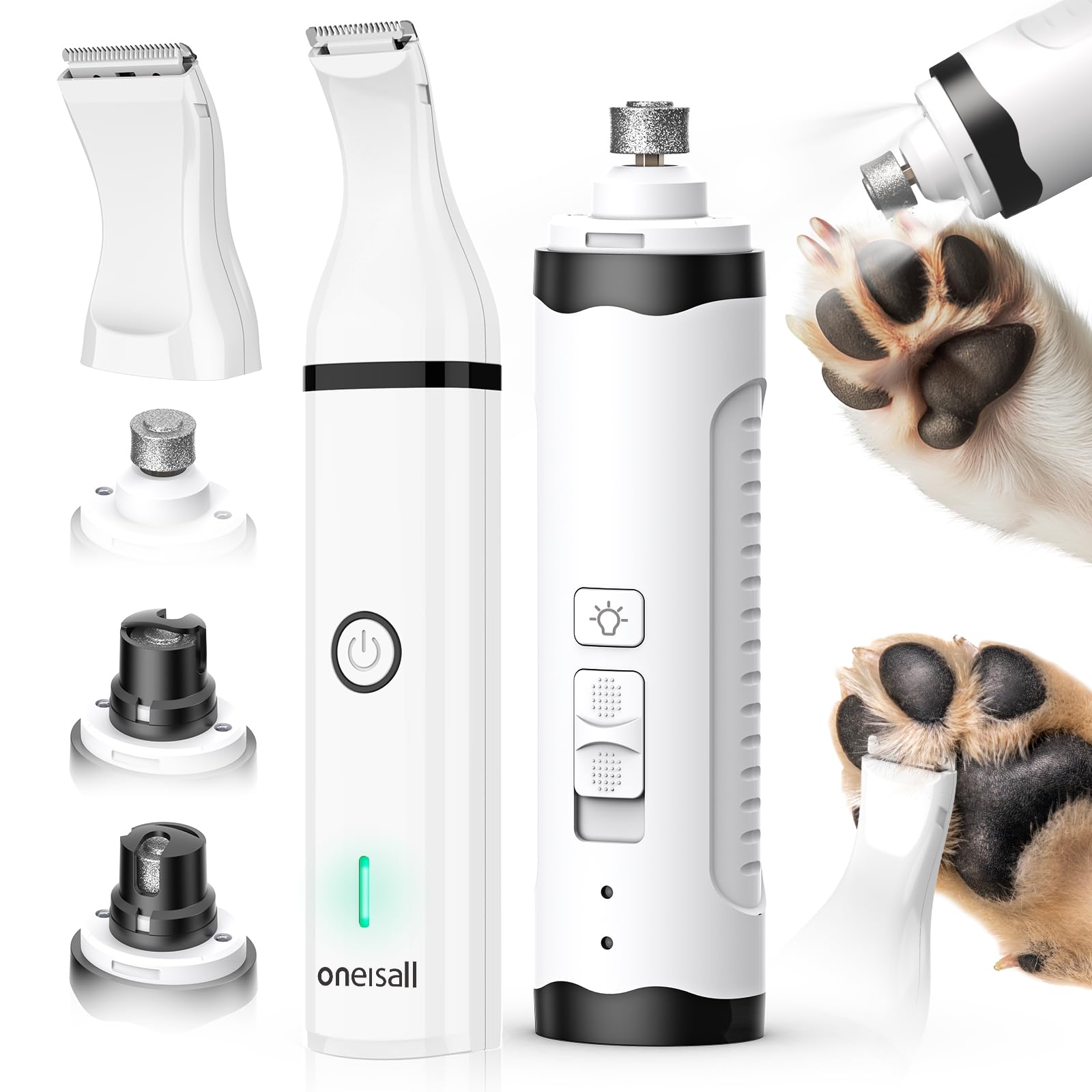 Oneisall Dog Nail Grinder And Paw Trimmer Kit 2 In 1 Quiet Rechargeable Electric Pet Nail Grinder With 2 Led Lights And Cordless