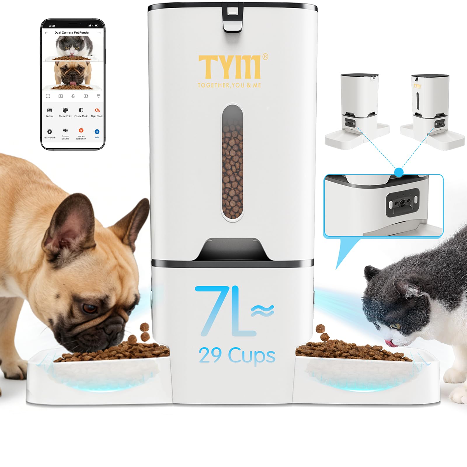 TYM Automatic Cat Feeder with 2 Camera for 2 Cats,7L Dog Automatic Feeder with Night Vision 2K 4MP 5G WiFi Dual Cat Feeder with 