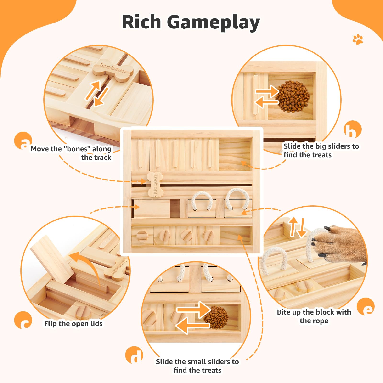 LOOBANI Dog Puzzle Toys - Wooden Interactive Slow Feeder, L-Square Slide Puzzle for Small to Large Dogs, Model OL-LB-FiveOne-CC