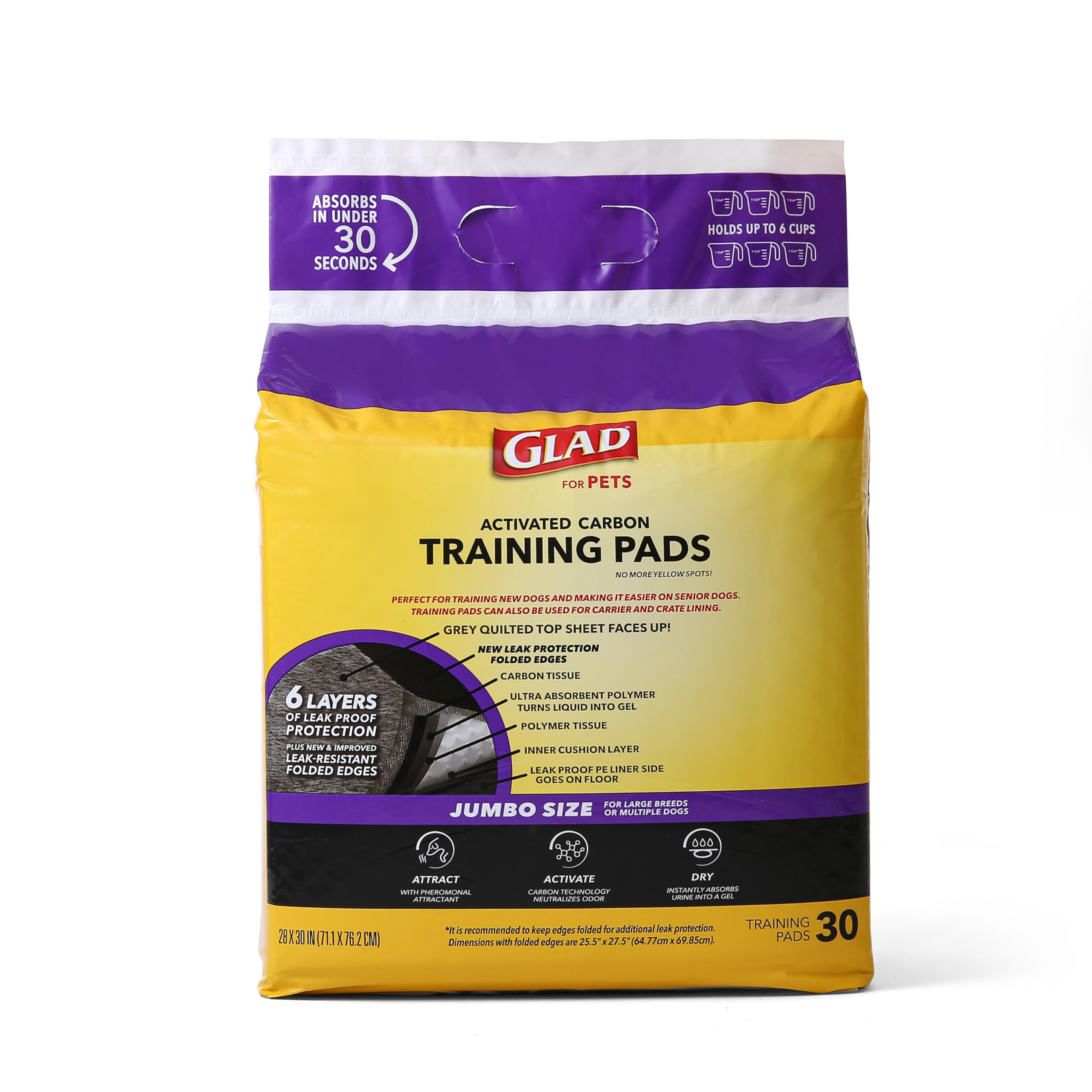 Glad For Pets Extra Large Charcoal Dog Training Pads - Absorbent Disposable Pee Pads For Dogs, Cats & Puppies - Jumbo-Size Potty Pads That Neutralize Urine Instantly - 30 Count Pet Supplies