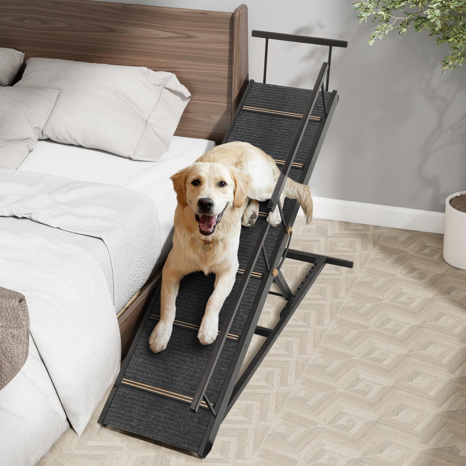 PANTAZO Pet Ramp Folding Portable Wooden Dog & Cat Ramps for Couch or Bed, Including Non Slip Mat & Safety Side Rails, 64.2 Inch