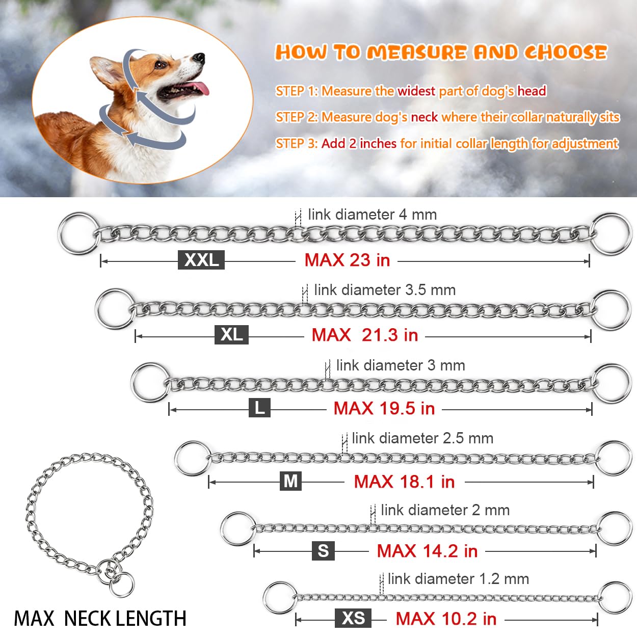 TagME Chain Choke Collar for Dogs, Adjustable Weather Proof Necklace for Extra Large Dogs, Alloy Steel Pet Training Collar