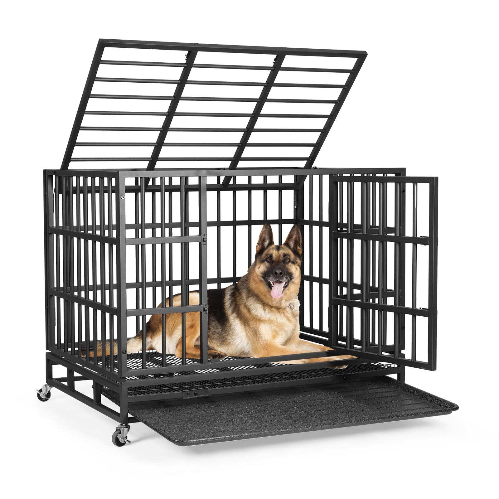Vowner 42    Heavy Duty Indestructible Dog Crate, High Anxiety Dog Crate, Escape Proof Dog Cage Kennel With 4 Lockable Wheels, D