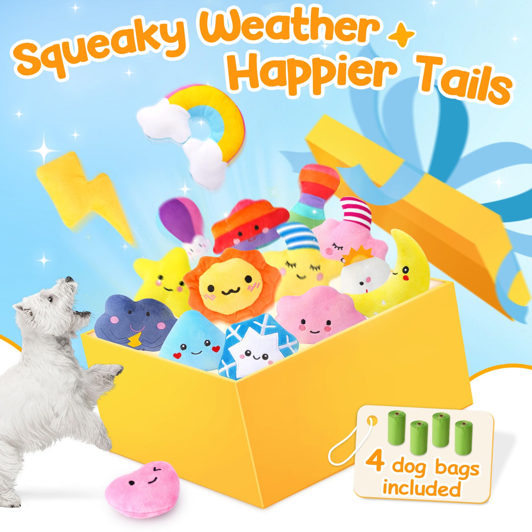 Qtwoof Irresistible Weather-Themed 20-Pack Squeaky Dog Toys Set For Small Dogs & Puppies, Included 16 Plush Toys With Vibrant Ch