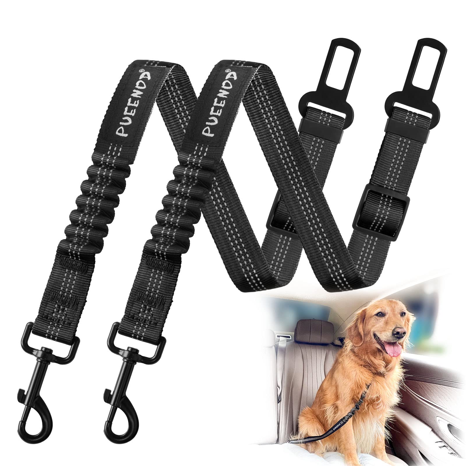 2 Pack Dog Seat Belt Adjustable Dog Car Seatbelts For Vehicle Nylon Pet Safety Seat Belt With Elastic Bungee Buffer Reflective &
