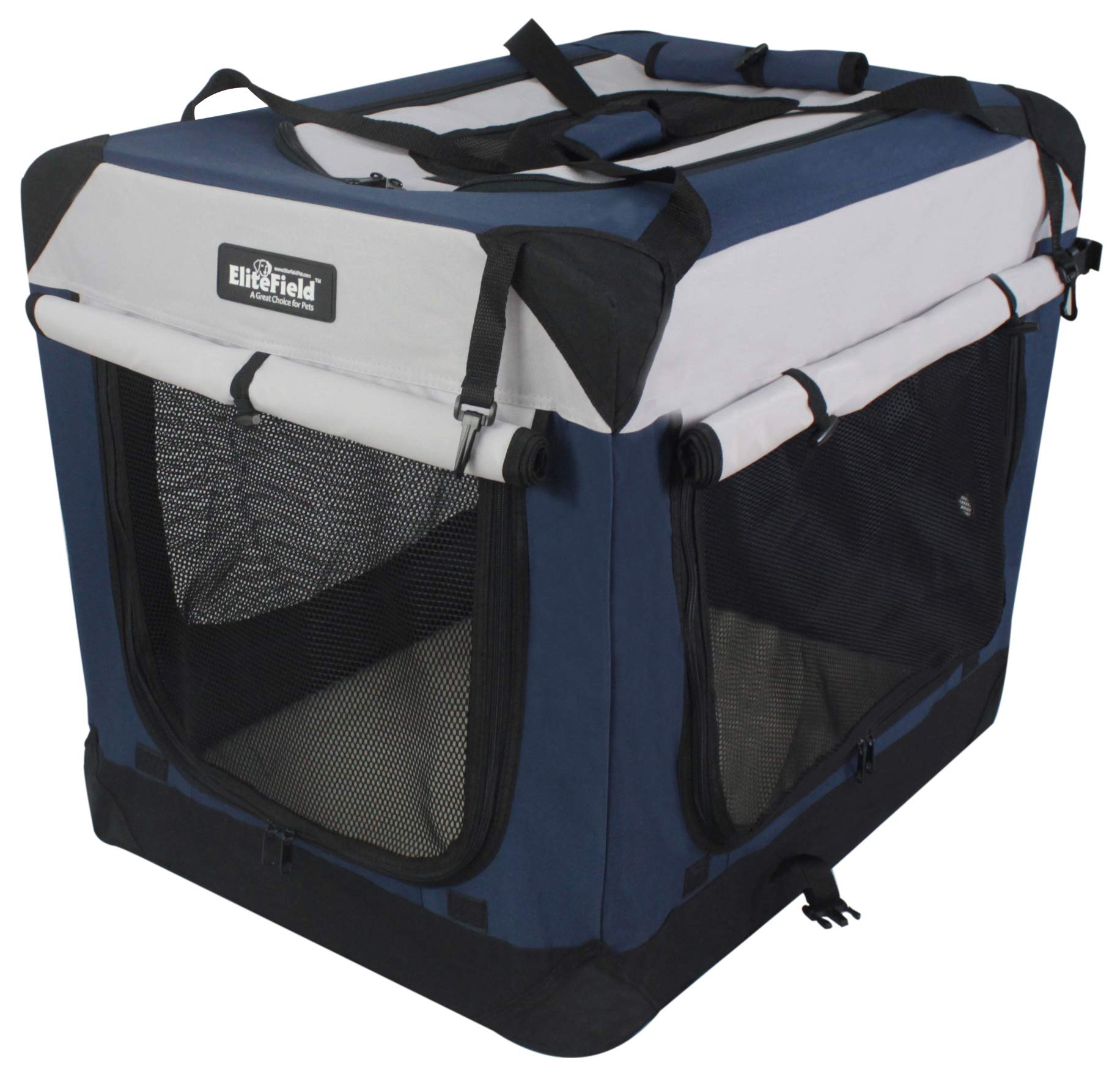 EliteField 4-Door Folding Dog Crate, Indoor & Outdoor, 20"x14"x14", Navy Blue+Gray, Includes Carrying Bag & Fleece Bed, Model SDC-402