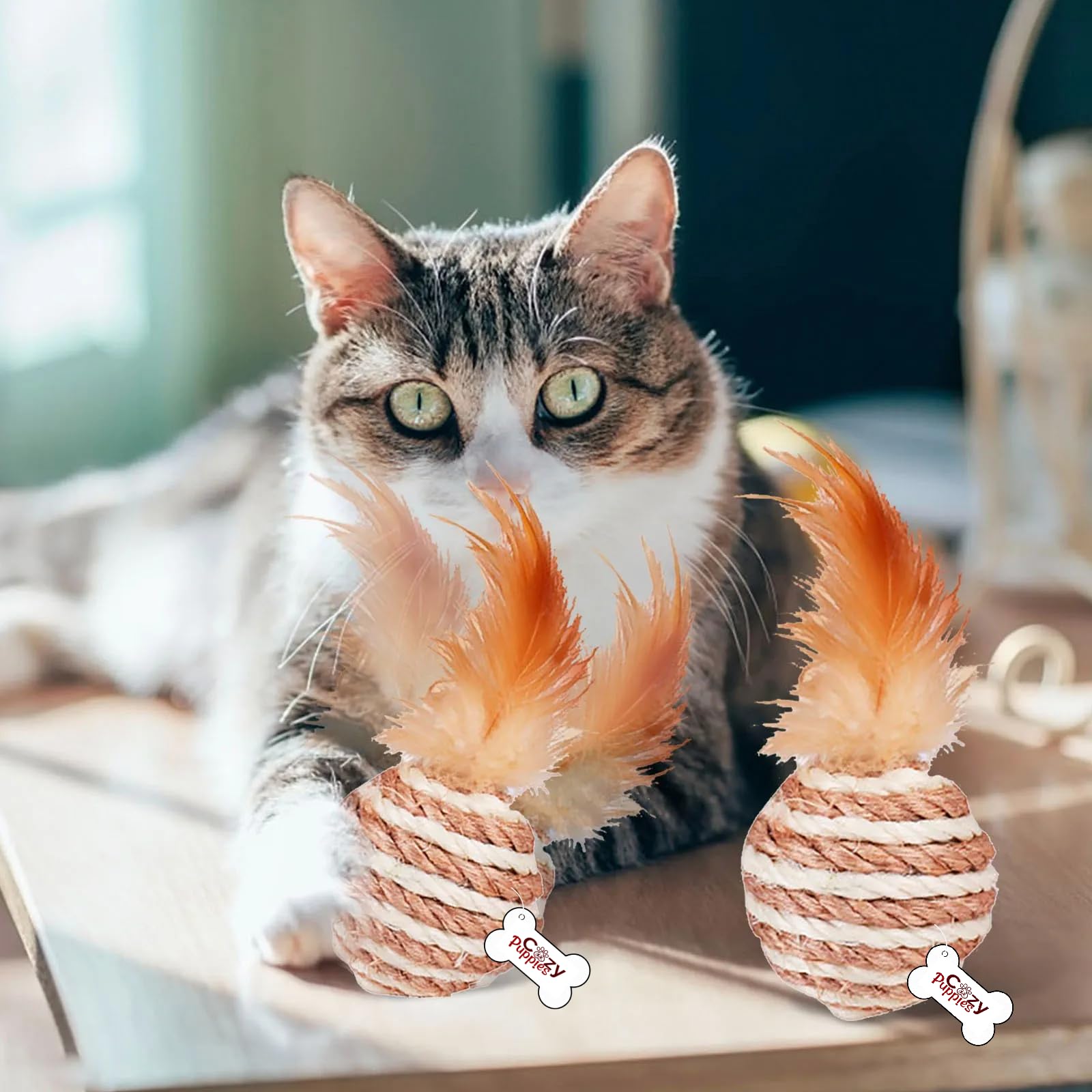 Cozy Puppies 2Pcs Cat Toy Sisal Ball With Feathers, Cat Bite Resistant Teeth Sound Toy, Cat Scratching Ball Pet Supplies For Cat