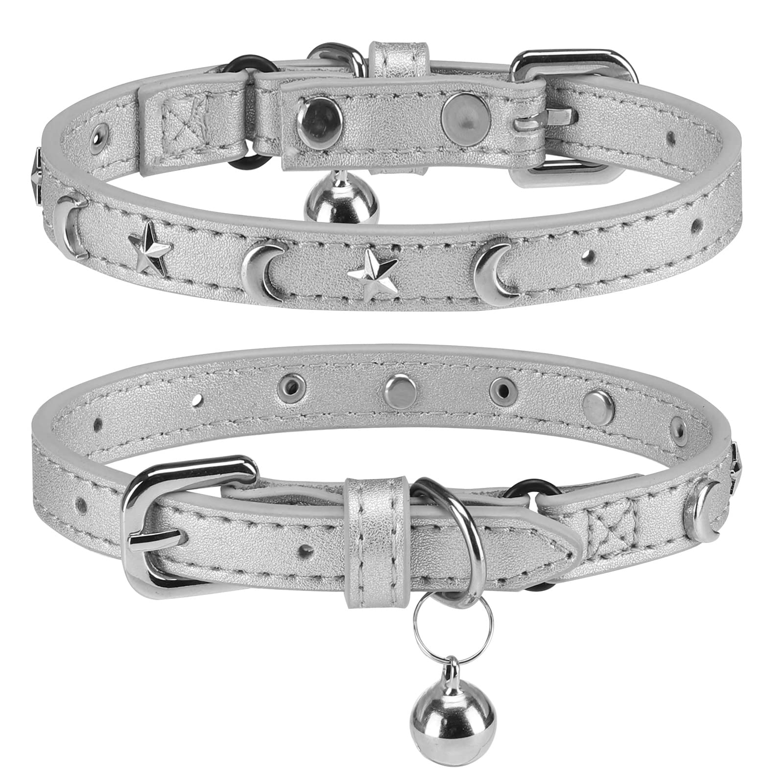 Dillybud Leather Cat Collars For Boy Girl Cats With Bell And Safety Elastic Belt, Personalized Star And Moon Stud Adjustable Saf