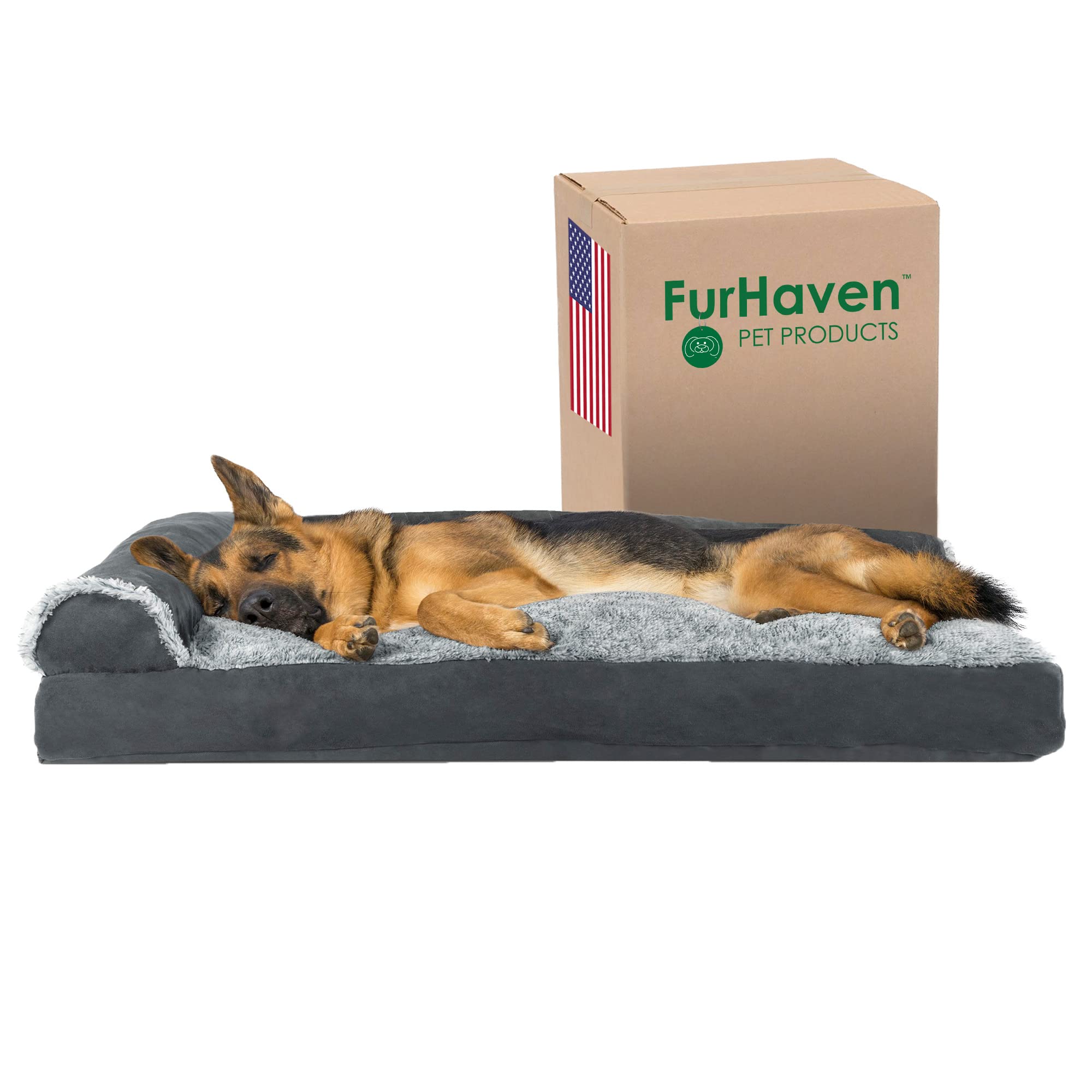 Furhaven Pillow Dog Bed for Large Dogs w/ Removable Bolsters & Washable Cover - Two-Tone Plush Faux Fur & Suede L Shaped Chaise 