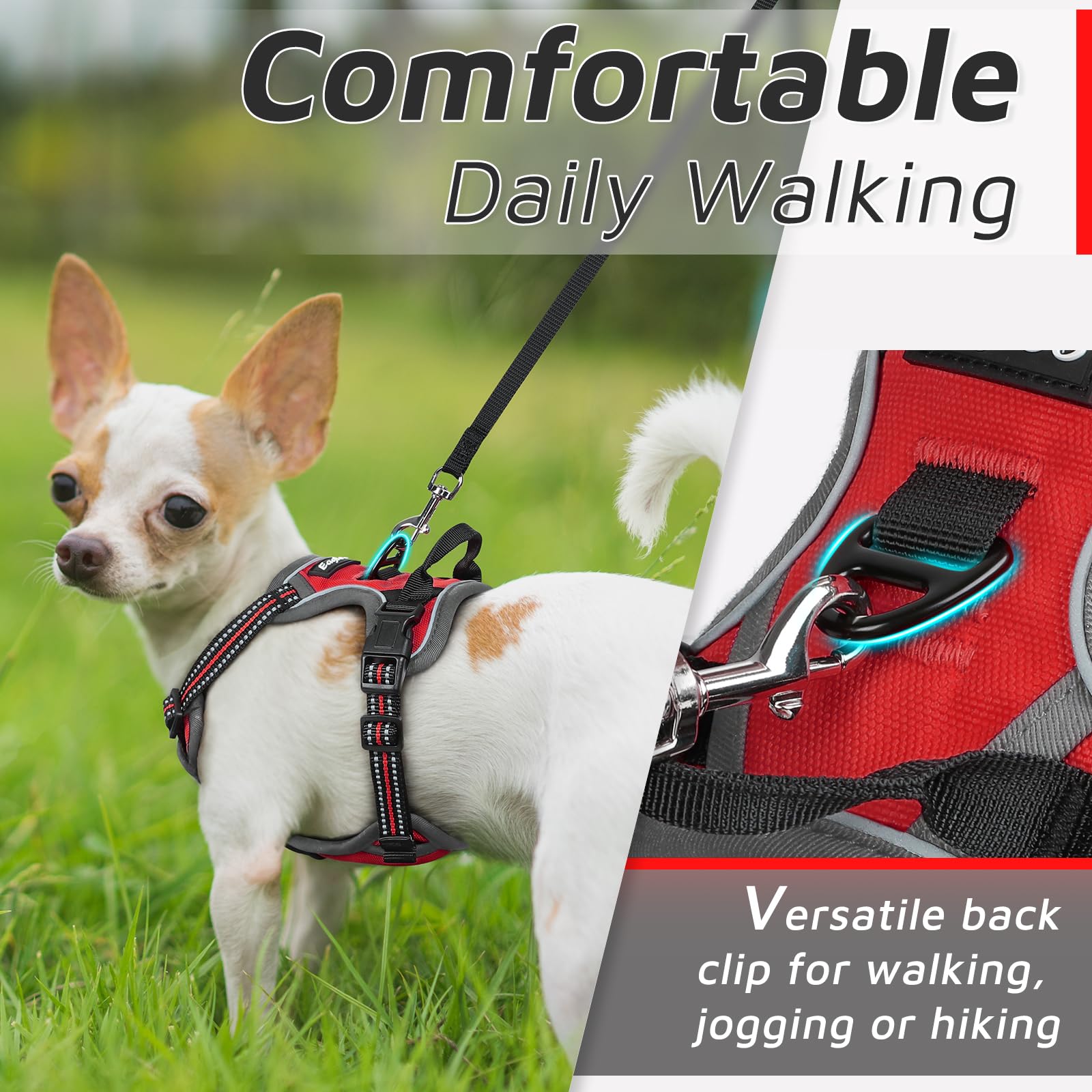 Eagloo Small Dog Harness No Pull, Service Vest With Reflective Strips And Control Handle, Adjustable And Comfortable For Easy Walking, No Choke Pet Harness With 2 Metal Rings, Red, Xs