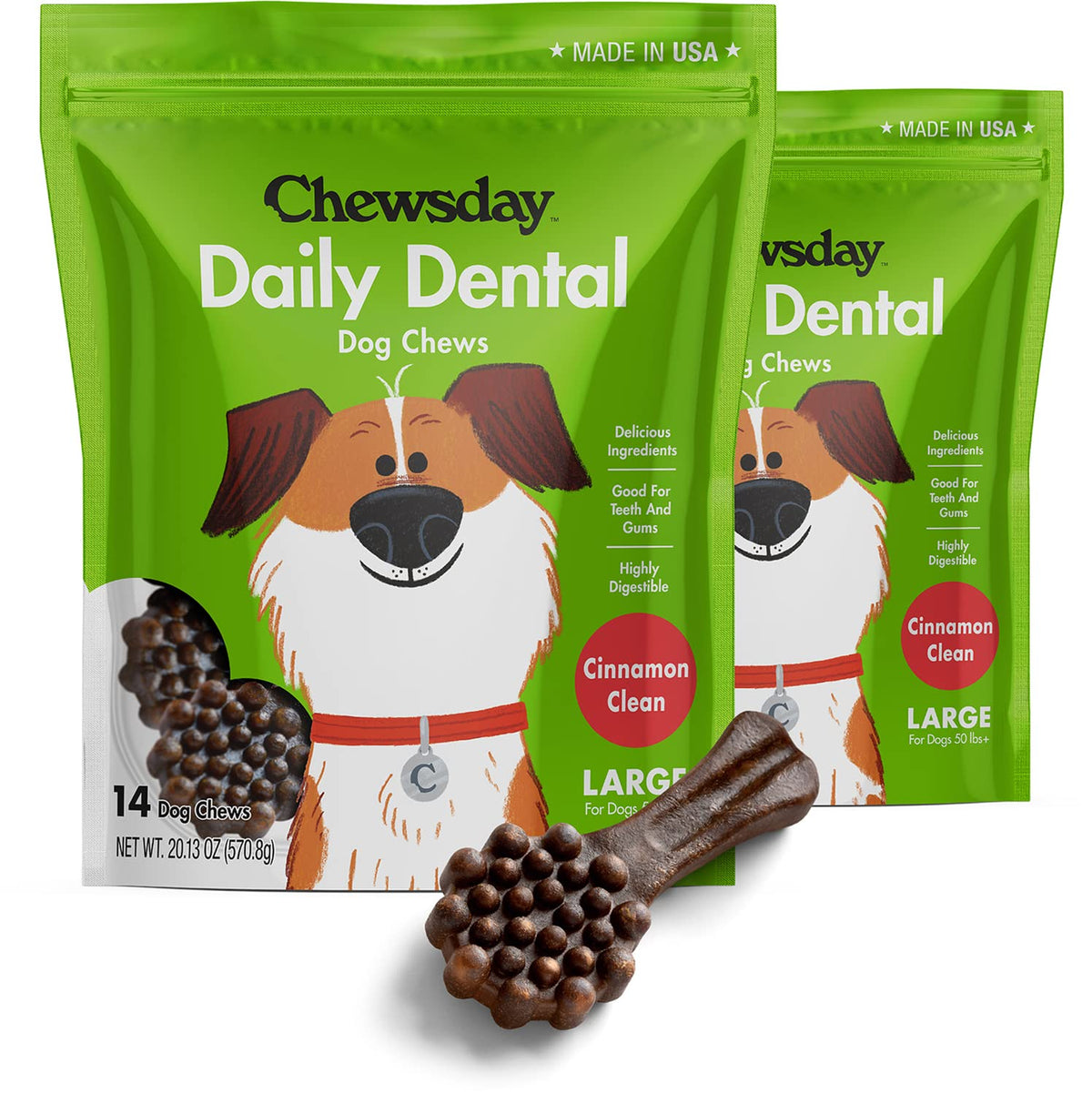 Chewsday Large Cinnamon Clean Daily Dental Dog Chews, Made In The Usa, Natural Highly-Digestible Oral Health Treats For Healthy Gums And Teeth - 28 Count