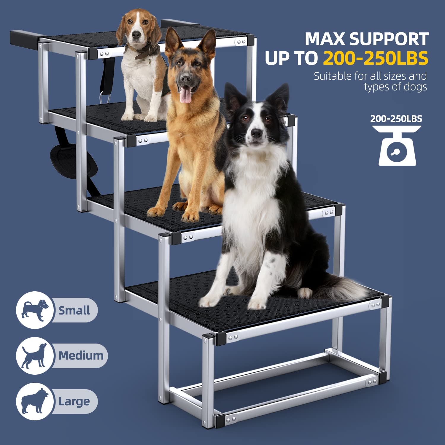 Petruna Extra Wide Dog Stairs For Large Dogs, Foldable Dog Ramp For Car With Non-Slip Surface, Dog Stairs For Cars, High Beds, Truck, Supports Up To 250 Lbs, 4 Steps