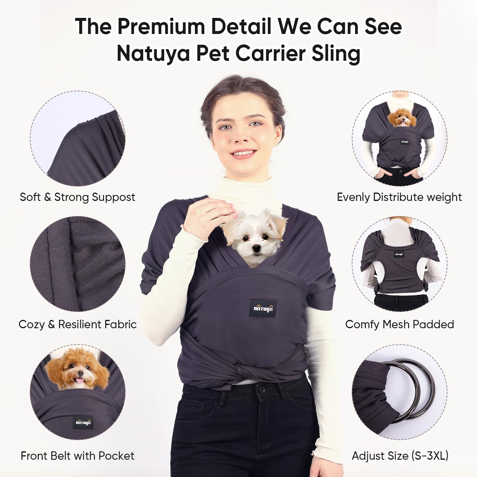 Natuya Dog Sling Carrier, Small Dog Front Carrier, Lightweight Hands Free Puppy Carrier, Anti-Anxiety Cat Sling, Size Adjustable