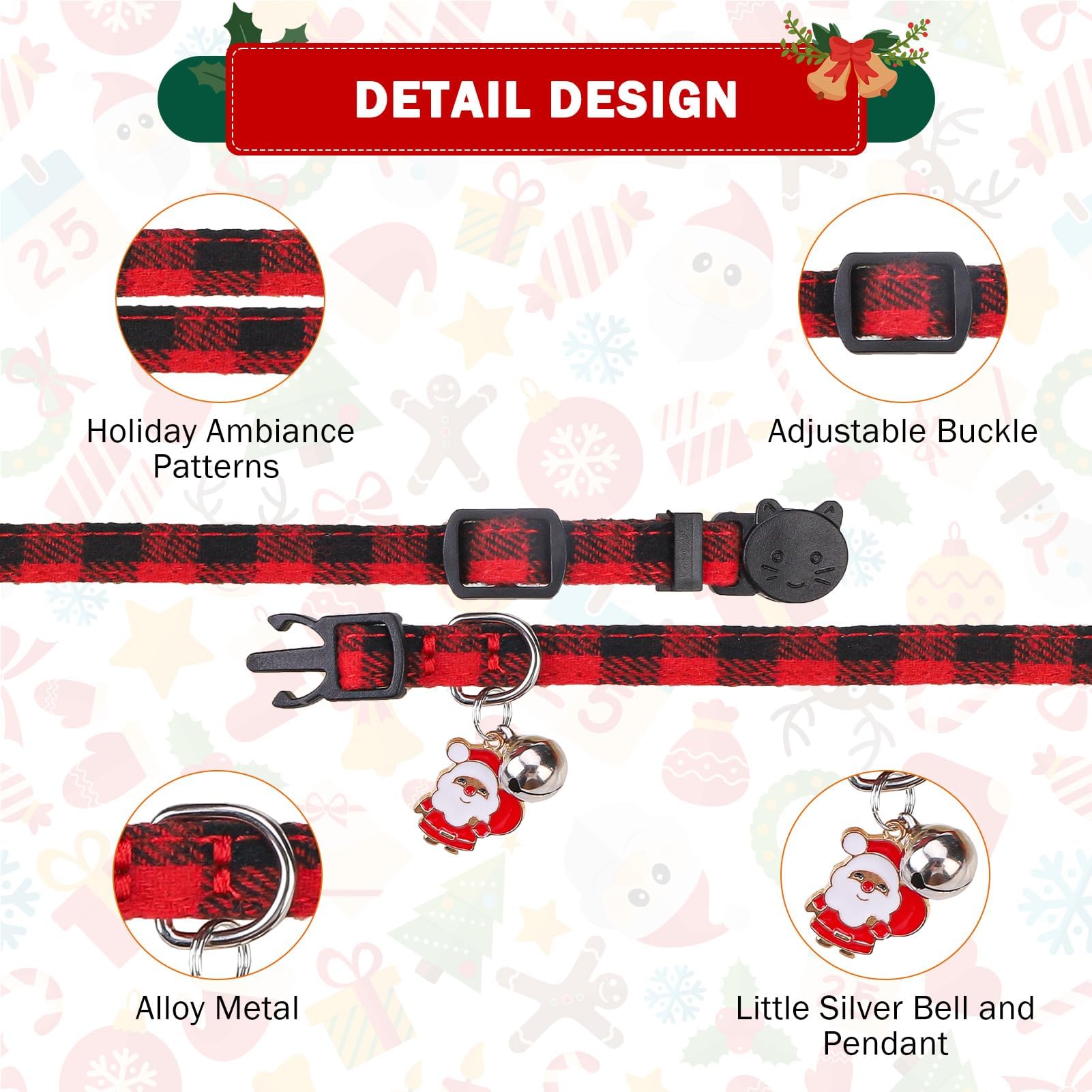 Scenereal Christmas Cat Collar With Bell & Stylish Bowtie, Classic Red Green Plaid Pattern Breakaway Cat Collars Accessories For