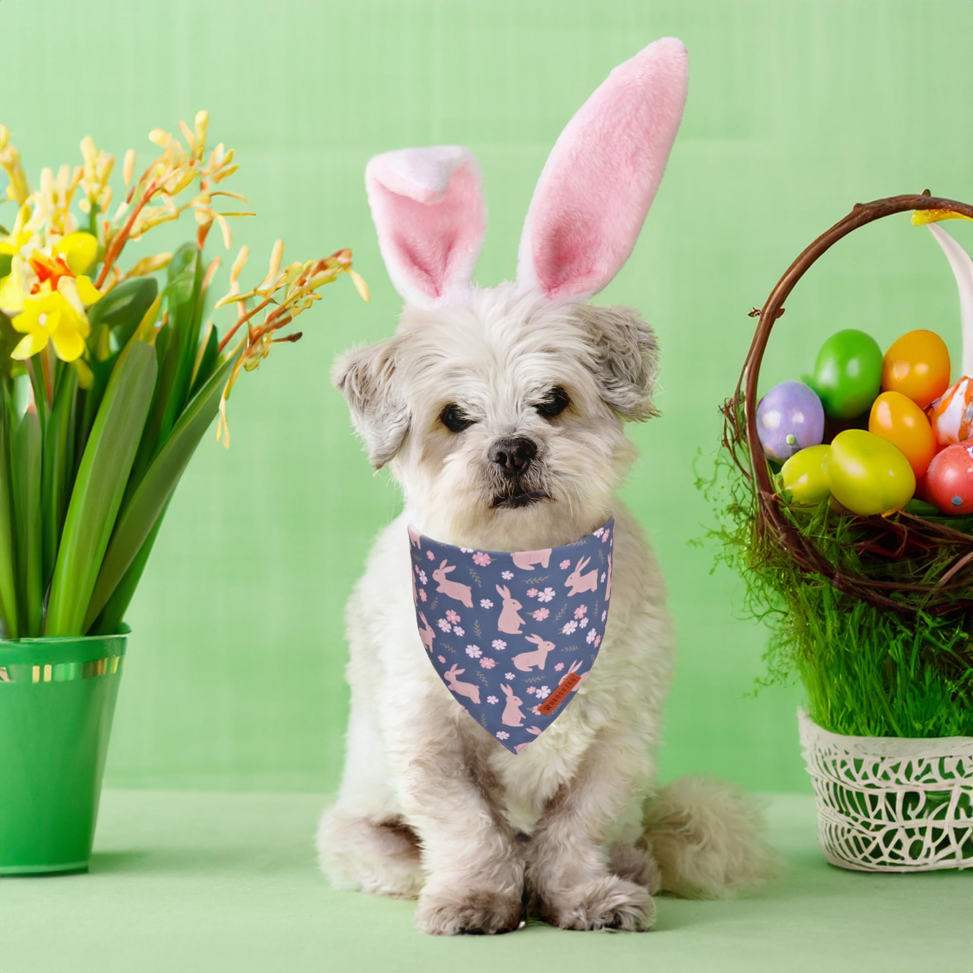 ADOGGYGO Easter Dog Bandanas, Reversible Bunny Floral Pet Scarf, Multi Size Offered, Rabbit Easter Bandana for Small Dogs Pets (