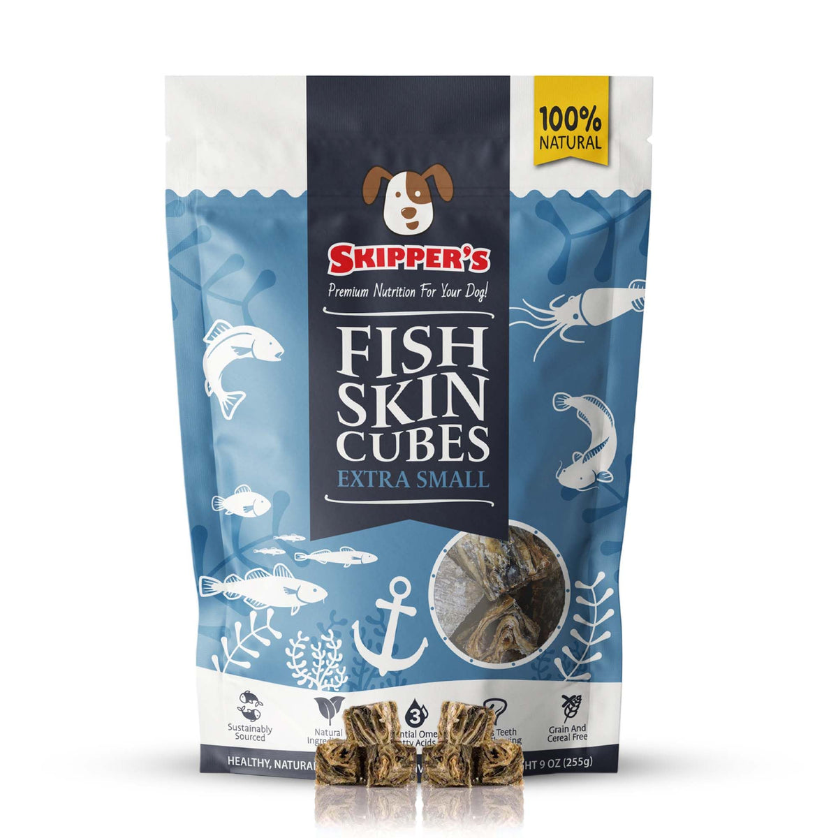 Skipper'S Cod Fish Skin Extra Small Jerky Cubes - Gently Air Dried Single Ingredient Cod Skin Dog Treats, Rich In Omega 3 & Grain Free Crunchy Bites, Hypoallergenic | Great For Teeth (9 Oz)