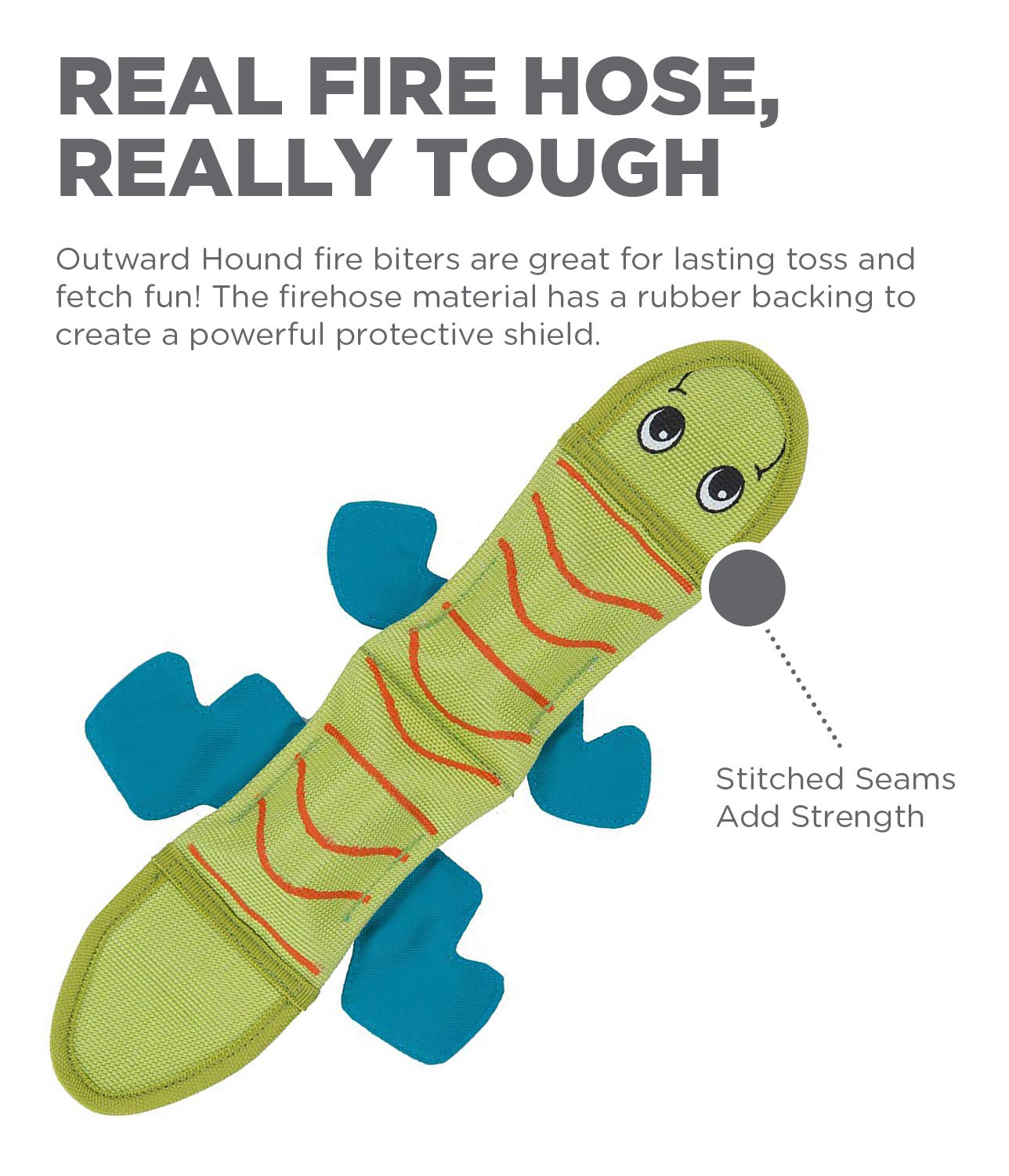 Outward Hound Fire Biterz Green Lizard Plush Firehose Material Interactive Dog Toy, Medium