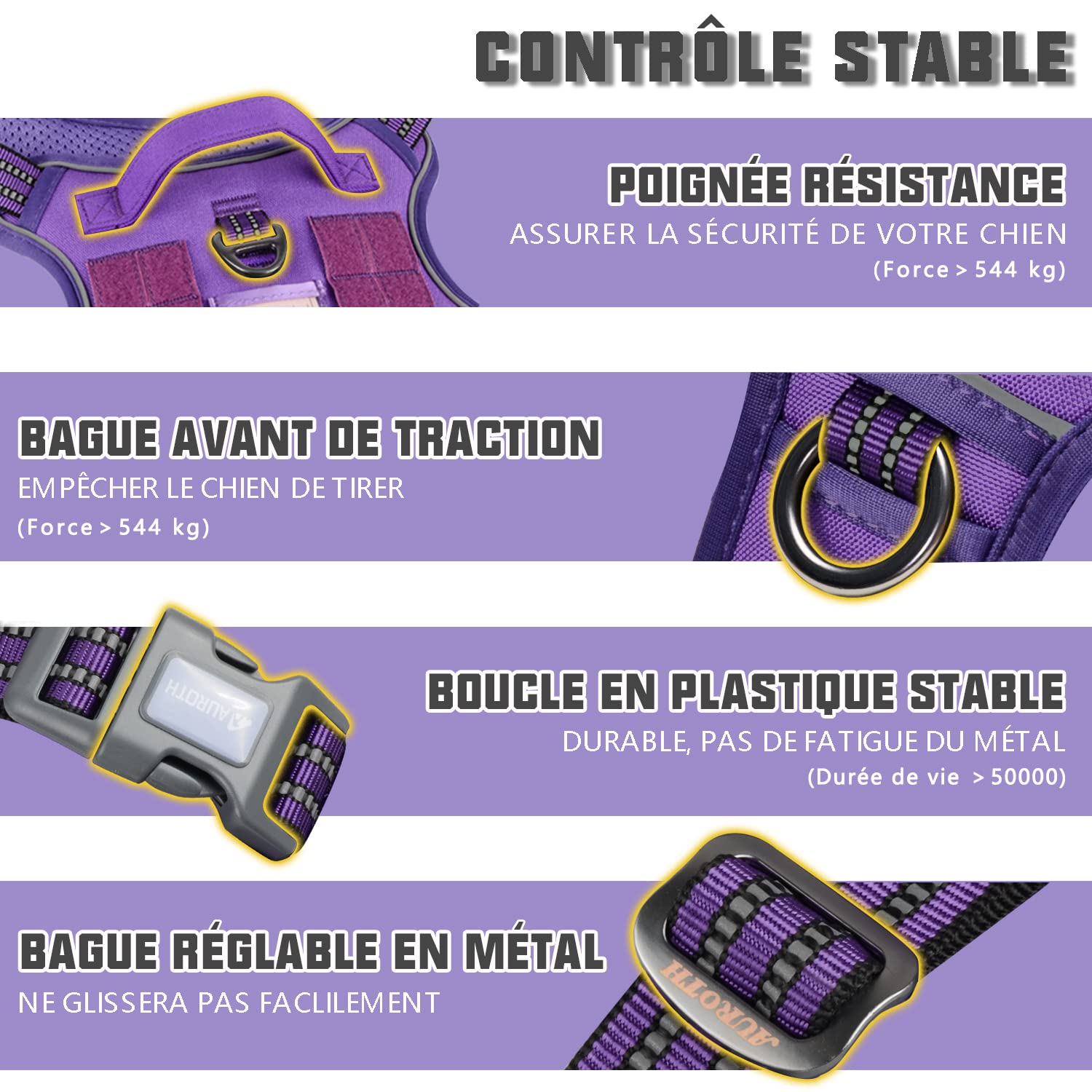 AUROTH Tactical Dog Harness for Large Dogs, No Pull, Adjustable, Reflective, Nylon, Size L, Purple
