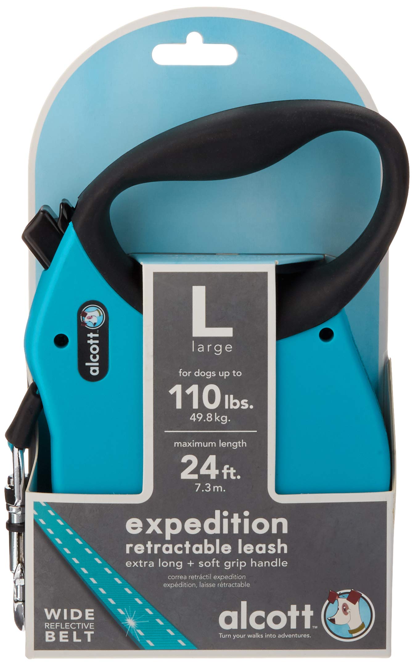 Alcott Expedition Retractable Reflective Belt Leash, 24' Long, Large For Dogs Up To 110 Lbs, Blue With Black Soft Grip Handle,La
